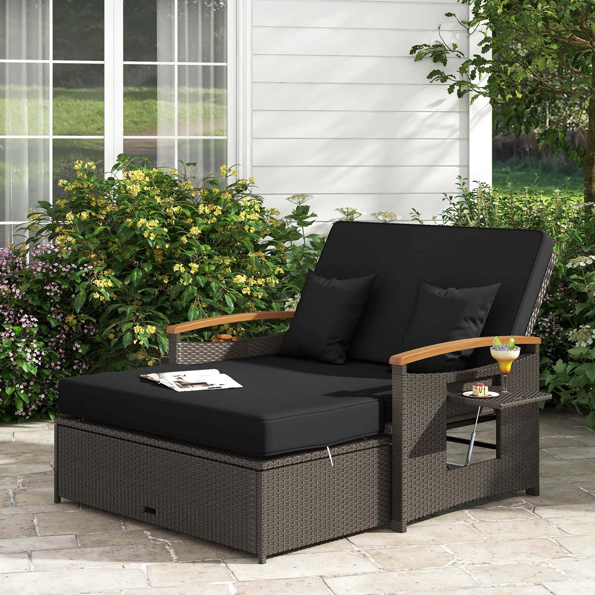 Alt View 3. Costway - Patio Rattan Daybed Set with Cushioned Loveseat & Storage Ottoman for Porch - Black + Mix Brown.