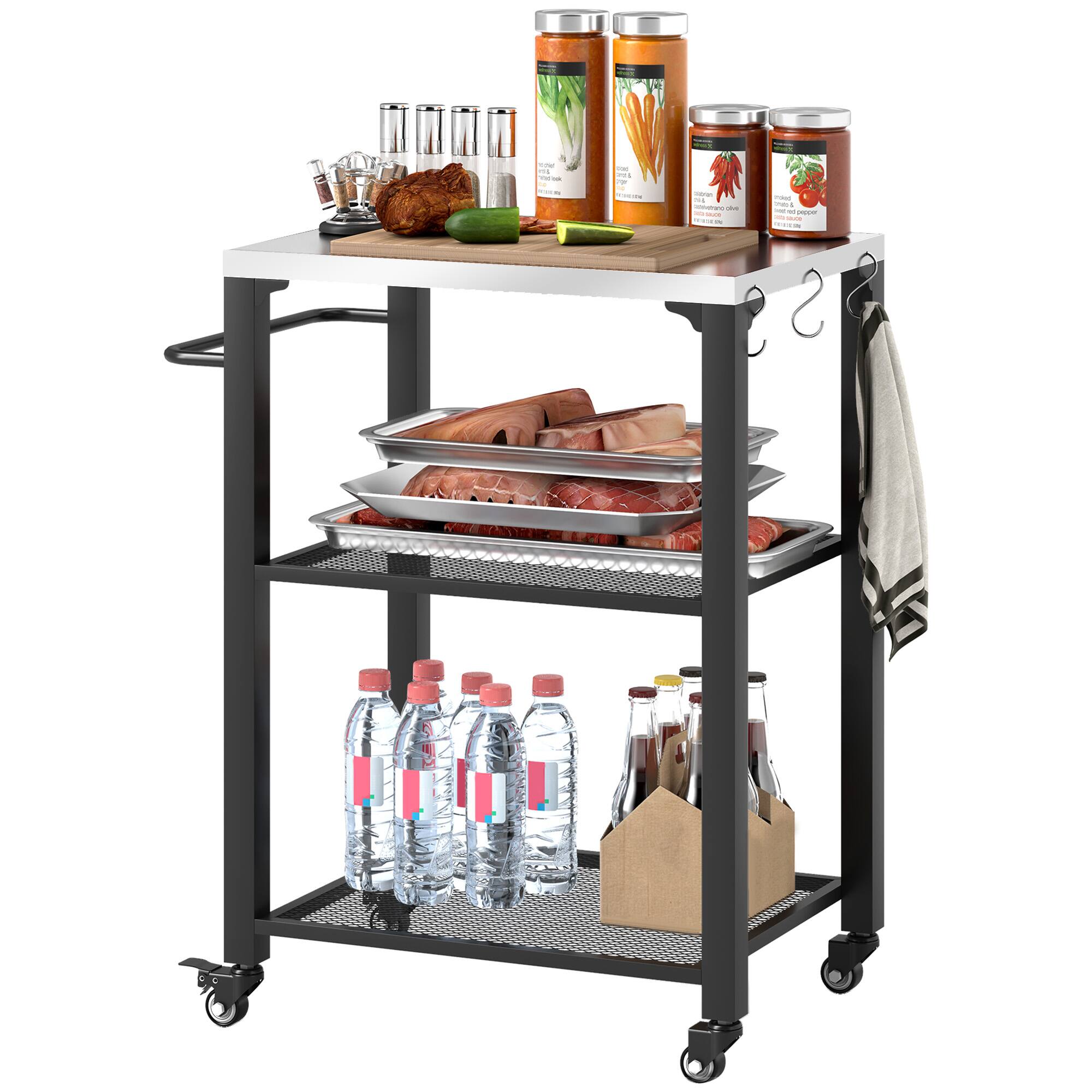 Front. Outsunny - Three-Shelf Outdoor Grill Cart with Stainless Steel Tabletop, 22" x 16.1" Multifunctional Pizza Oven Table - Silver.