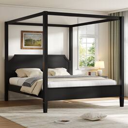 Whisen - Queen Size Wooden Canopy Platform Bed with Headboard and Support Legs for Bedroom - Black