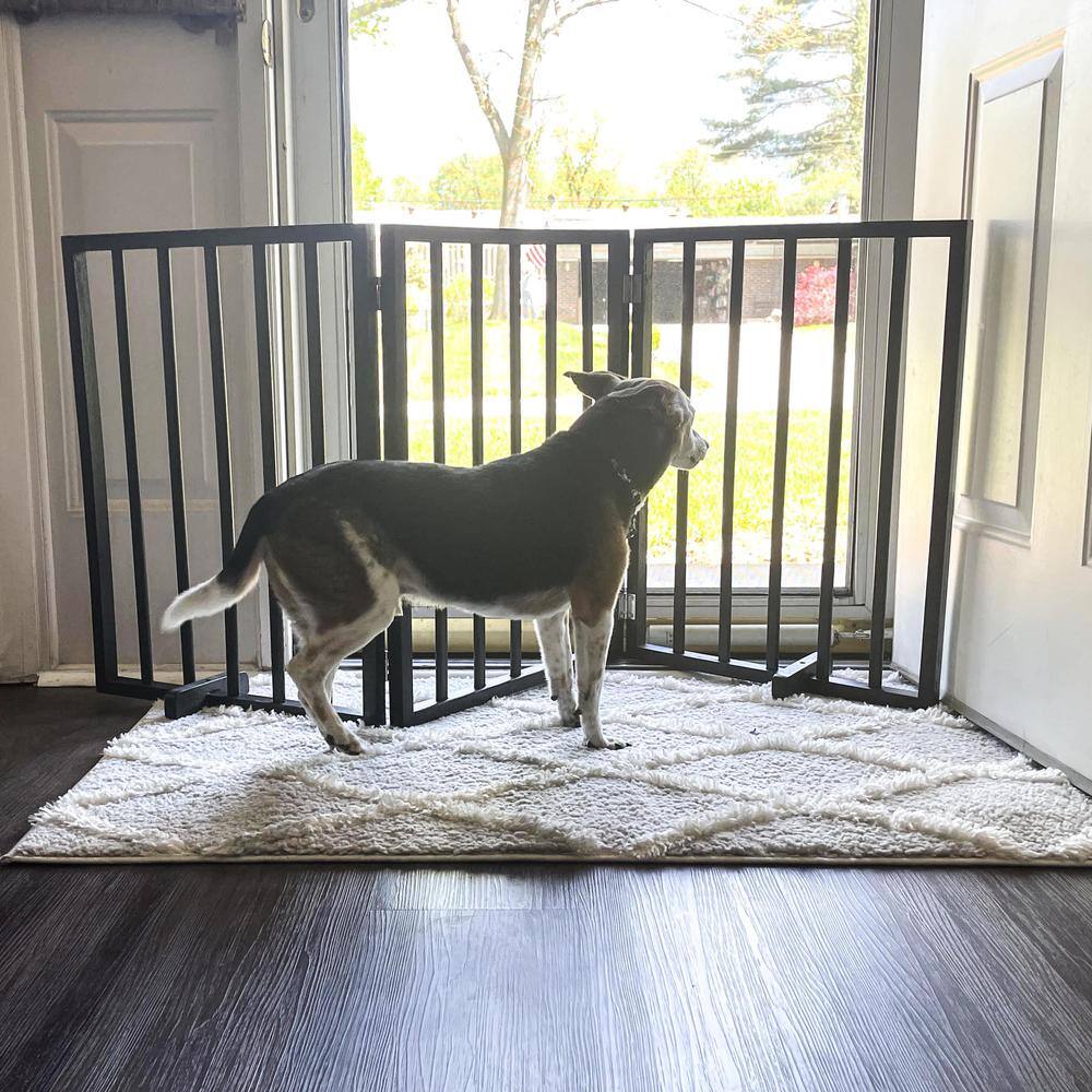 Left. AmeriHome - 54 inch Freestanding 3-Panel Folding Wood Pet Gate - Brown - Brown.