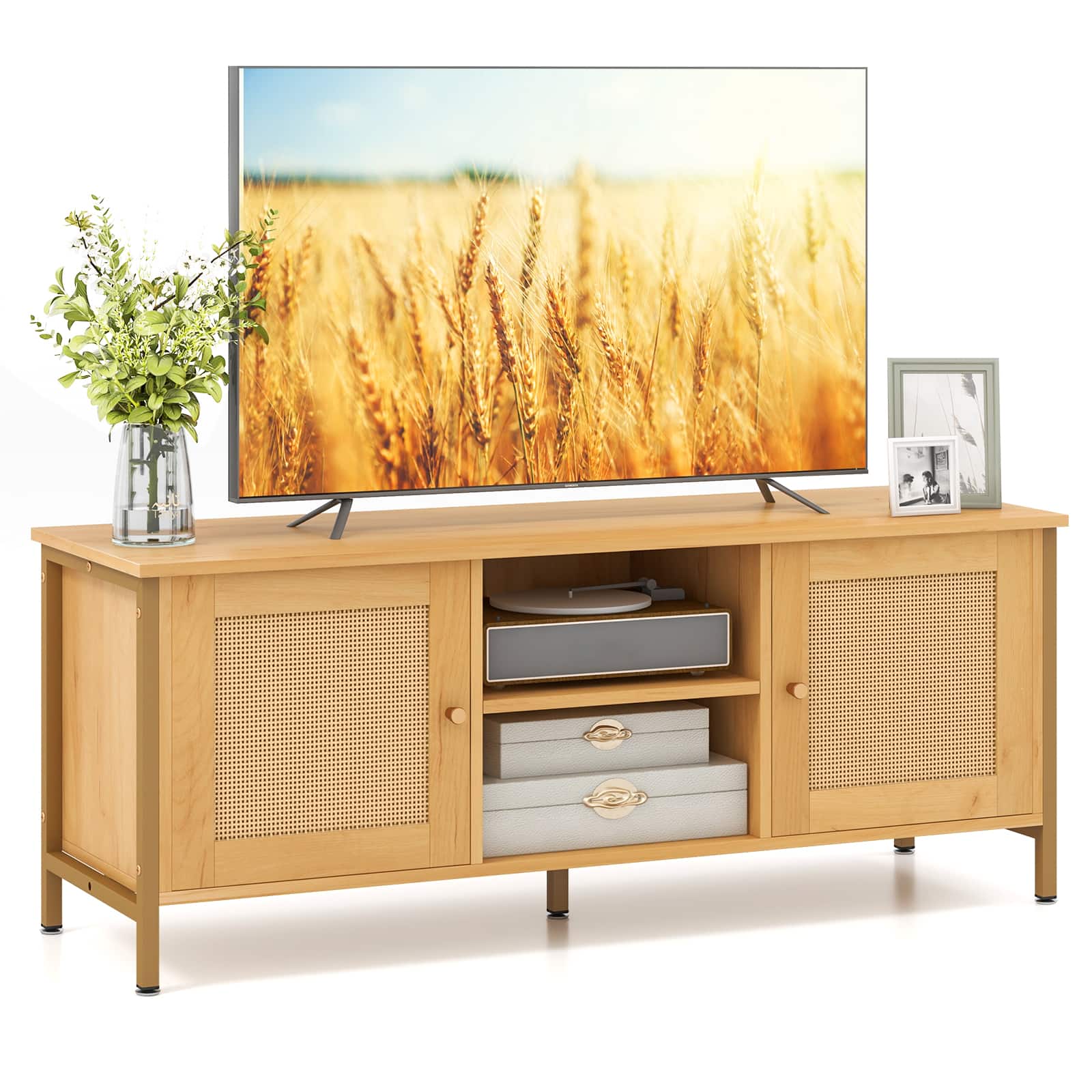 Ecooso - Boho TV Stand for 55 Inch TV with Faux Rattan Door Storage - Natural