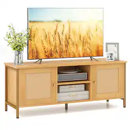 Ecooso - Boho TV Stand for 55 Inch TV with Faux Rattan Door Storage - Natural