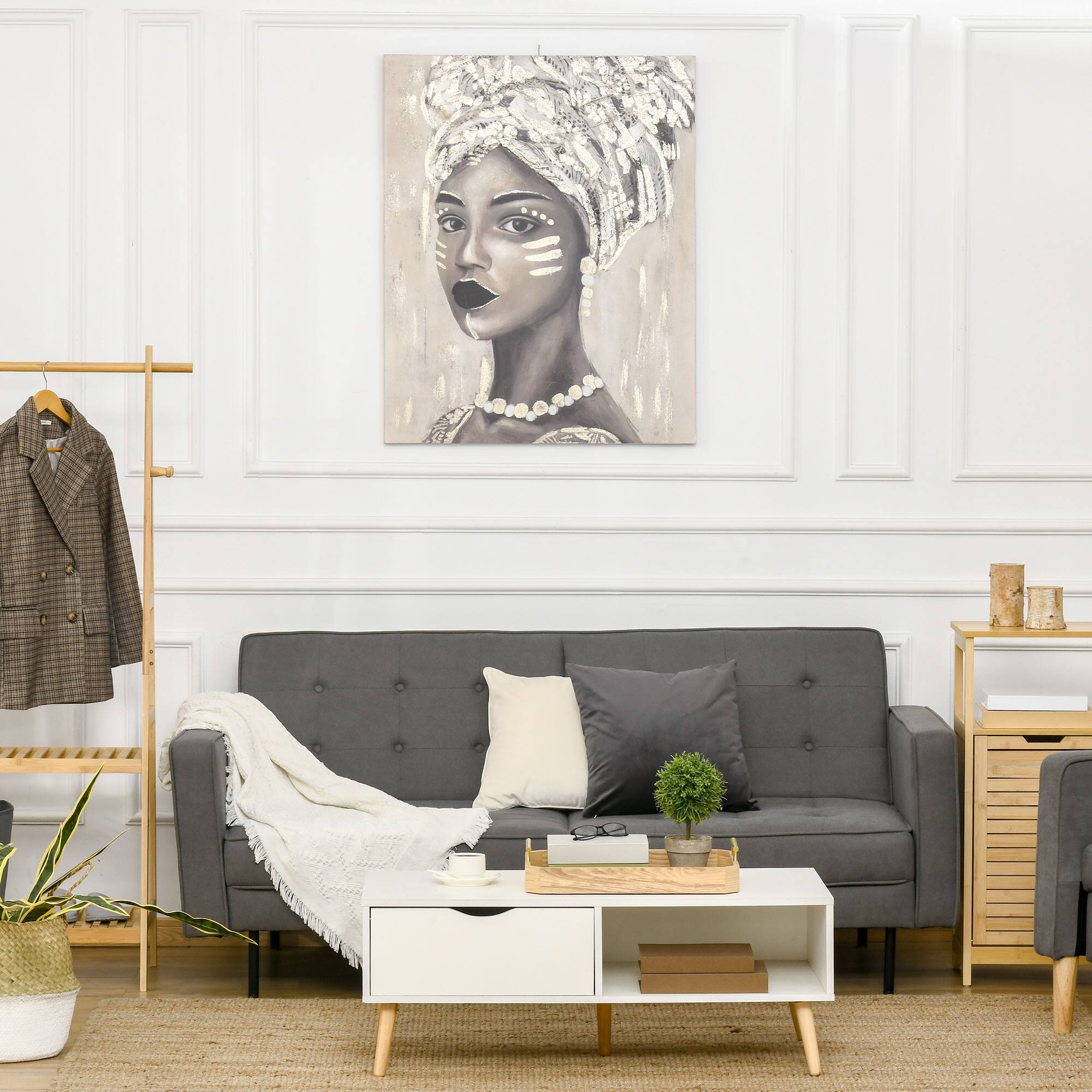 Alt View 1. Homcom - Hand-Painted Canvas Wall Art for Living Room Bedroom, Painting Gold African Woman, 39.25" x 31.5" - Multi-Colored.