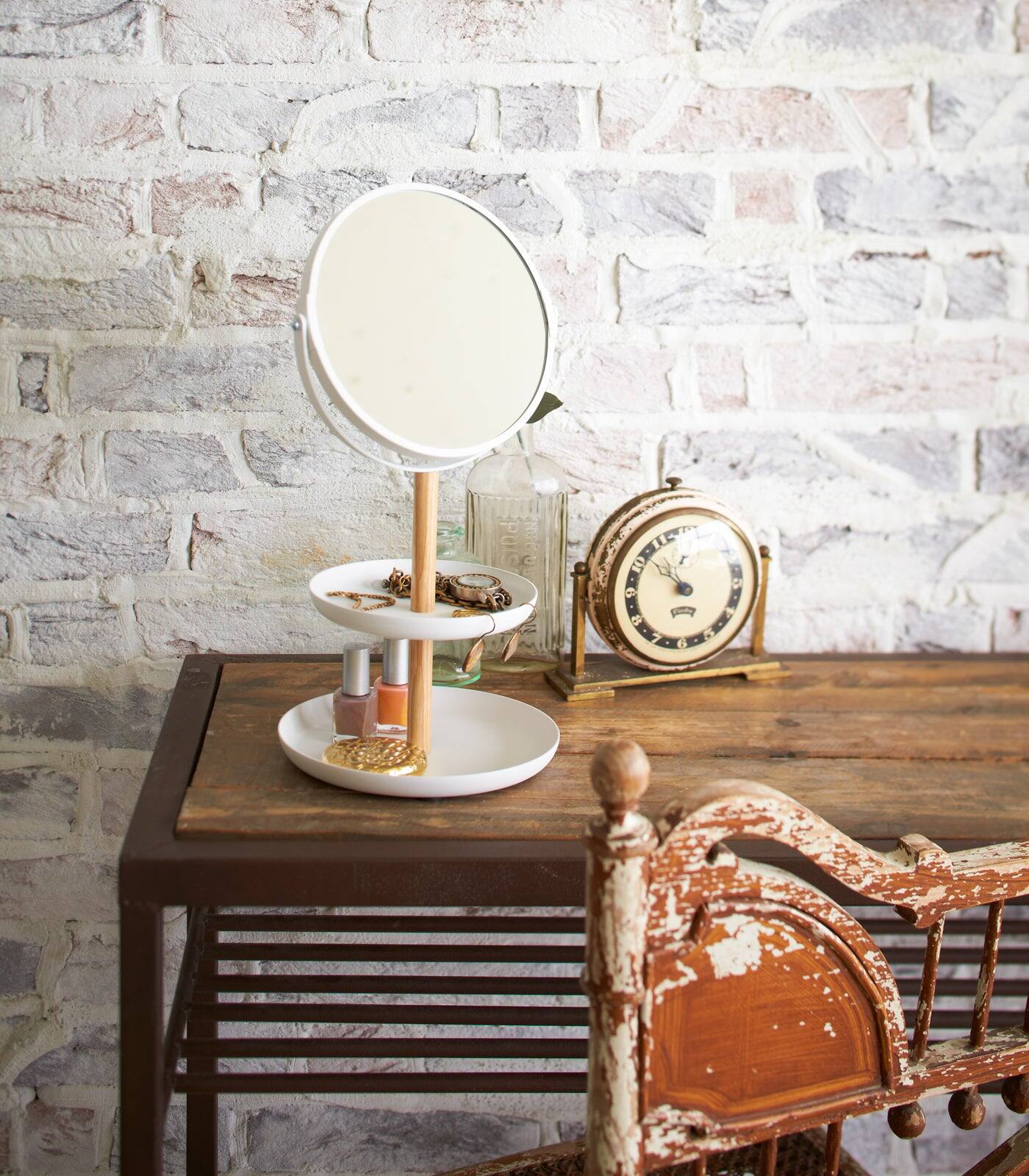 Alt View 2. Yamazaki Home - Two-Tier Jewelry Tray With Mirror - Steel + Wood - White.