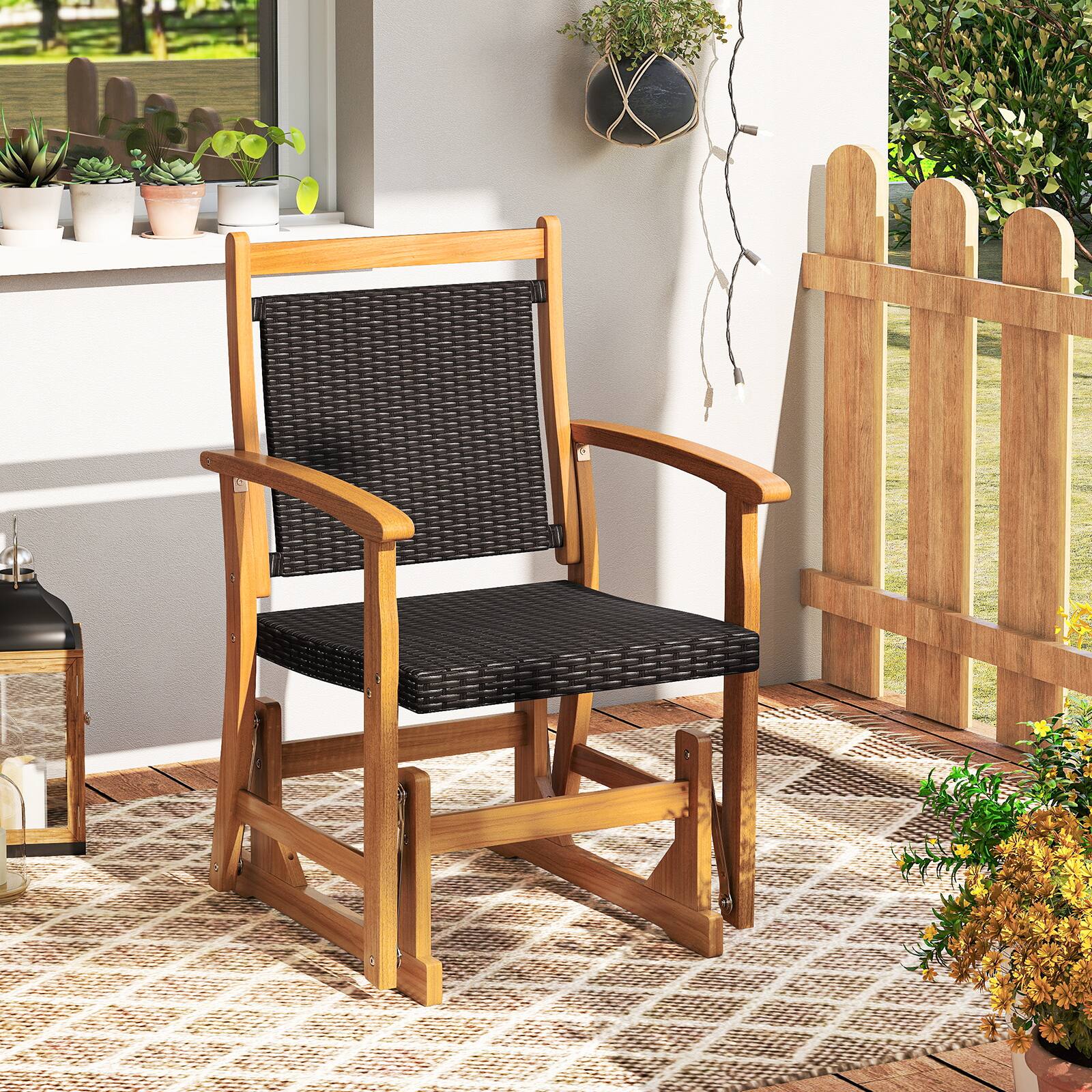 Alt View 1. Gymax - Gymax Patio Rattan Glider Chair w/ Acacia Wood Frame & Wicker Seat Back Armrests - Mix Brown.