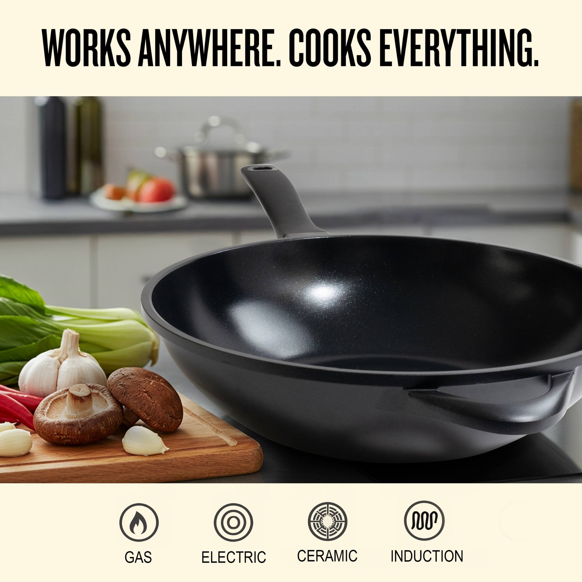 WORKS ANYWHERE. COOKS EVERYTHING.

GAS  
ELECTRIC  
CERAMIC  
INDUCTION