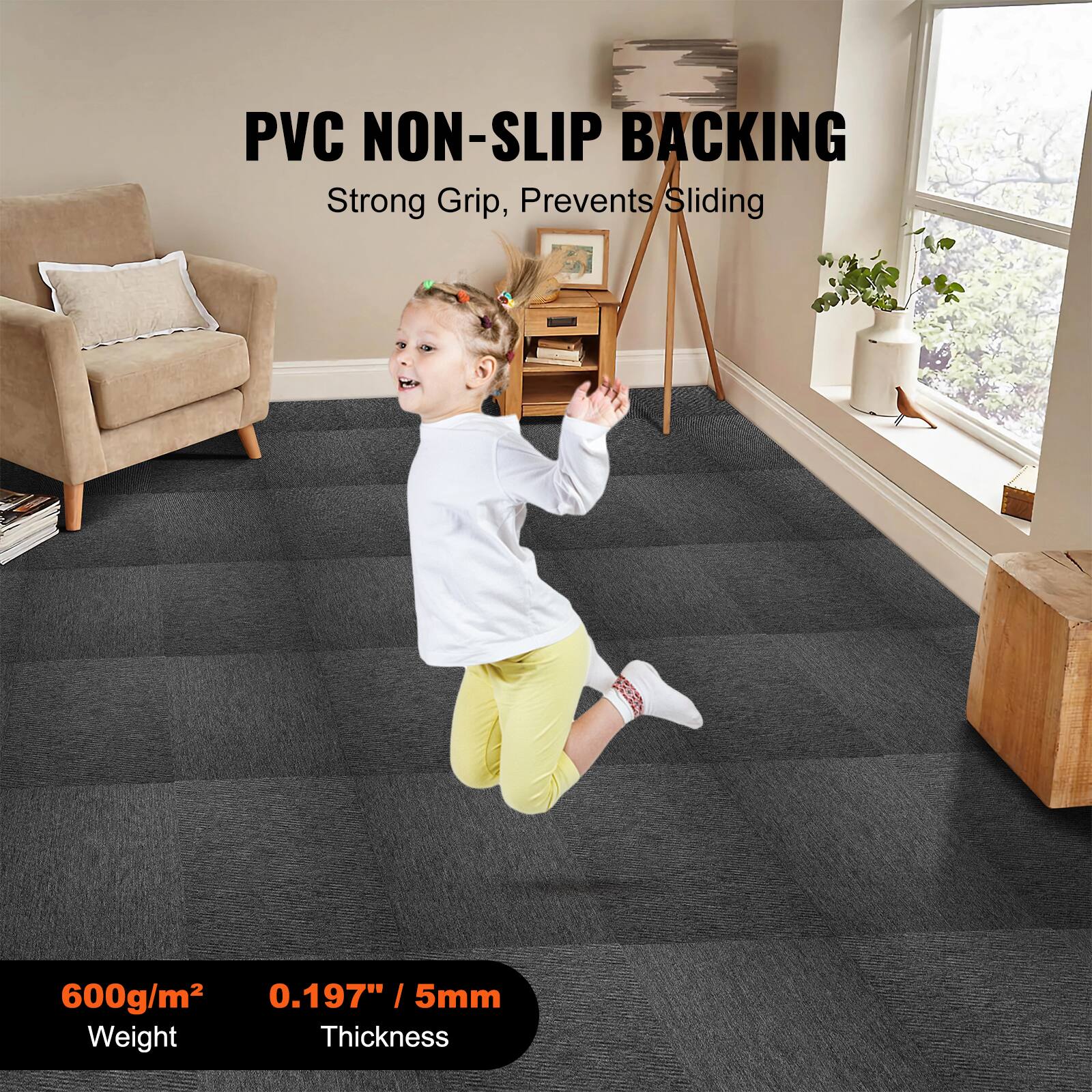 PVC NON-SLIP BACKING  
Strong Grip, Prevents Sliding  

600g/m²  
Weight  

0.197" / 5mm  
Thickness