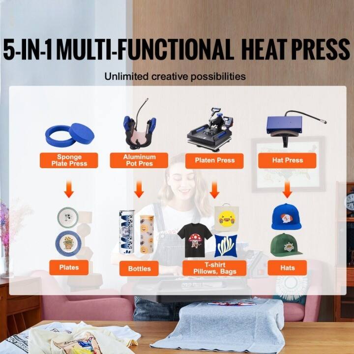 5-IN-1 MULTI-FUNCTIONAL HEAT PRESS  
Unlimited creative possibilities  

- Sponge Plate Press  
- Aluminum Pot Press  
- Platen Press  
- Hat Press  

- Plates  
- Bottles  
- T-shirt, Pillows, Bags  
- Hats