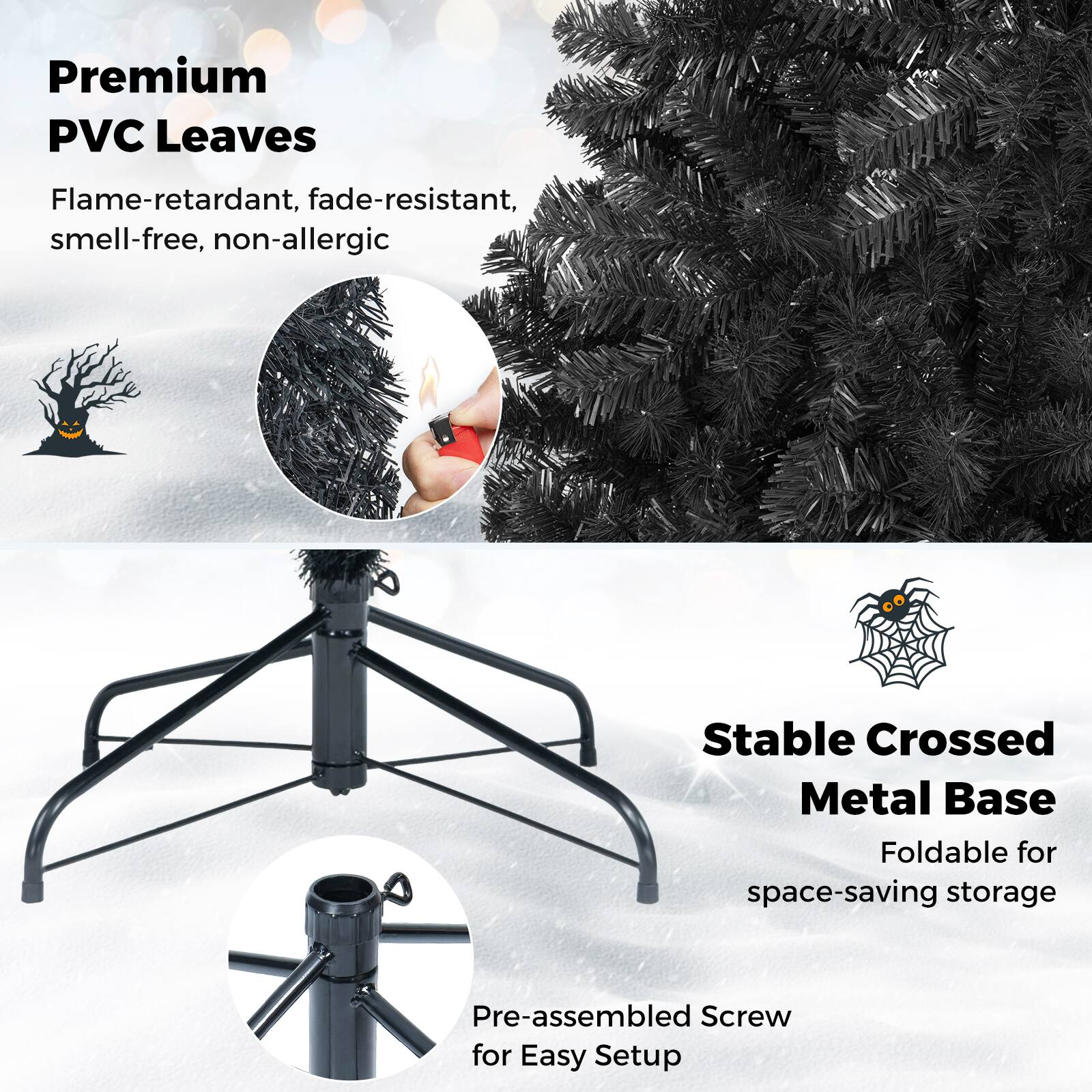 Premium PVC Leaves  
Flame-retardant, fade-resistant, smell-free, non-allergic  

Stable Crossed Metal Base  
Foldable for space-saving storage  

Pre-assembled Screw for Easy Setup