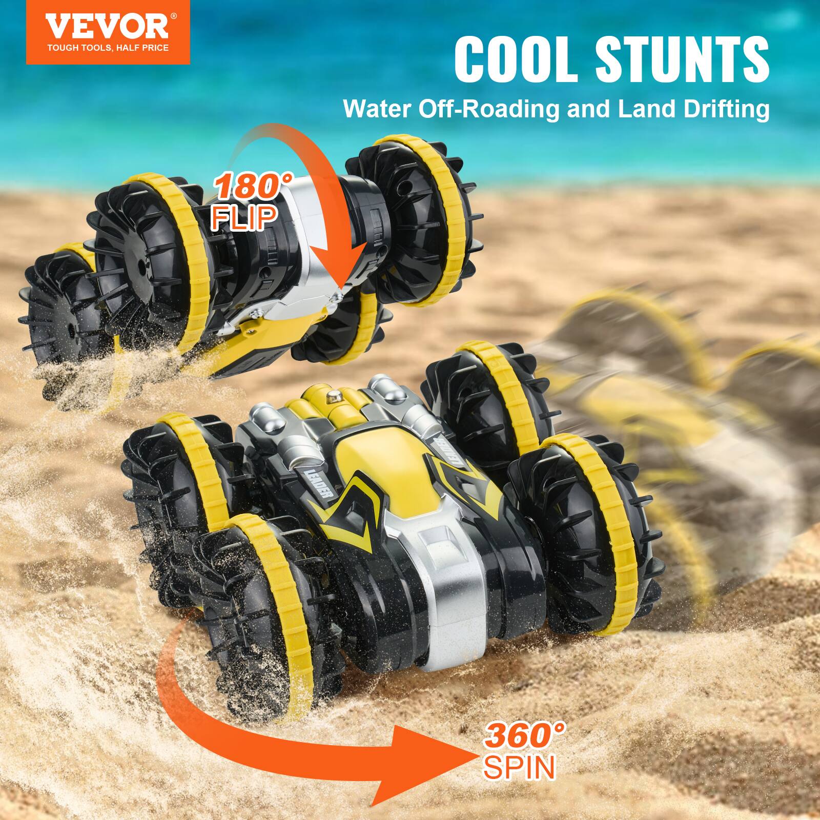 VEVOR  
TOUGH TOOLS, HALF PRICE  

COOL STUNTS  
Water Off-Roading and Land Drifting  

180° FLIP  

360° SPIN