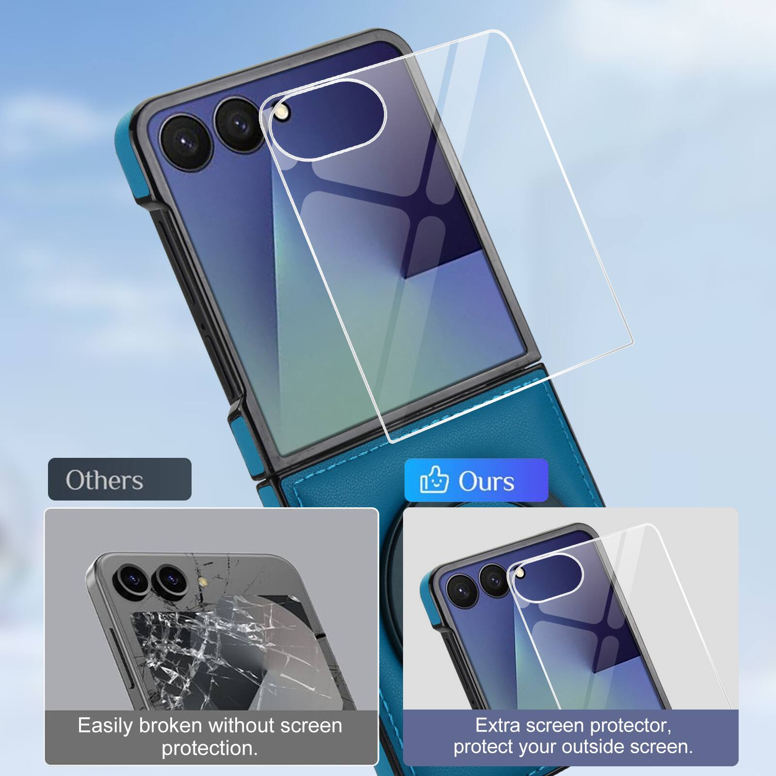 Others: Easily broken without screen protection.

Ours: Extra screen protector, protect your outside screen.