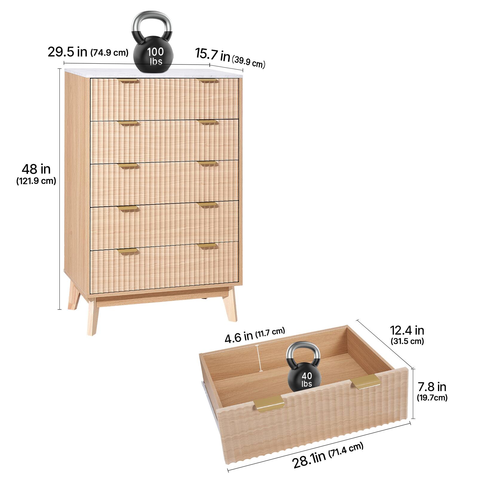 - 29.5 in (74.9 cm)
- 15.7 in (39.9 cm)
- 48 in (121.9 cm)
- 4.6 in (11.7 cm)
- 12.4 in (31.5 cm)
- 7.8 in (19.7 cm)
- 28.1 in (71.4 cm)
- 100 lbs
- 40 lbs
