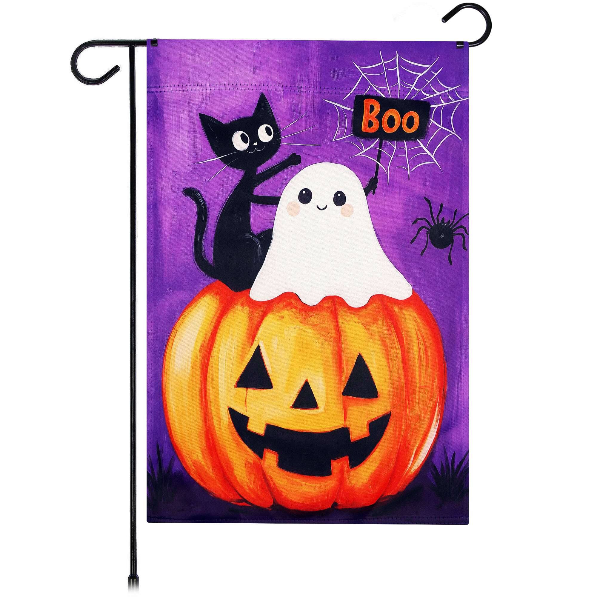 Front. G128 - G128 Halloween Ghost Cat Pumpkin Garden Flag 12x18 In Double Sided Halloween Yard Garden Lawn Decoration - Purple, Orange, Black, White.