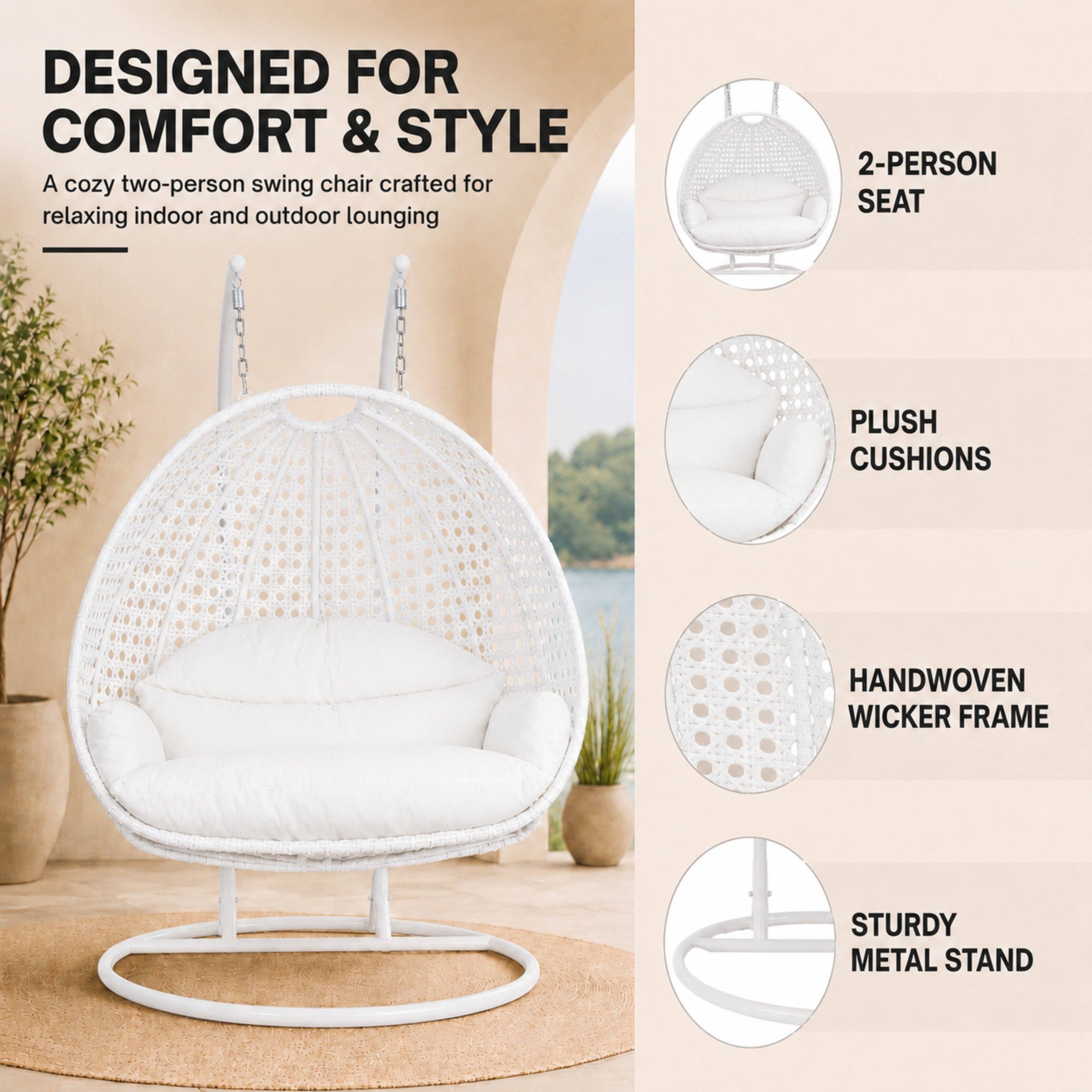 LeisureMod Modern 2 Person Outdoor Wicker Egg Swing Chair with Stand ...