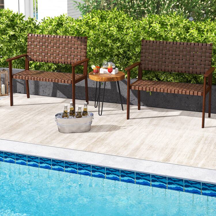 Left. Mondawe - Outdoor Loveseat Bench with Rubber Wood Frame and Hand Woven PU Leather for Patio - Brown.