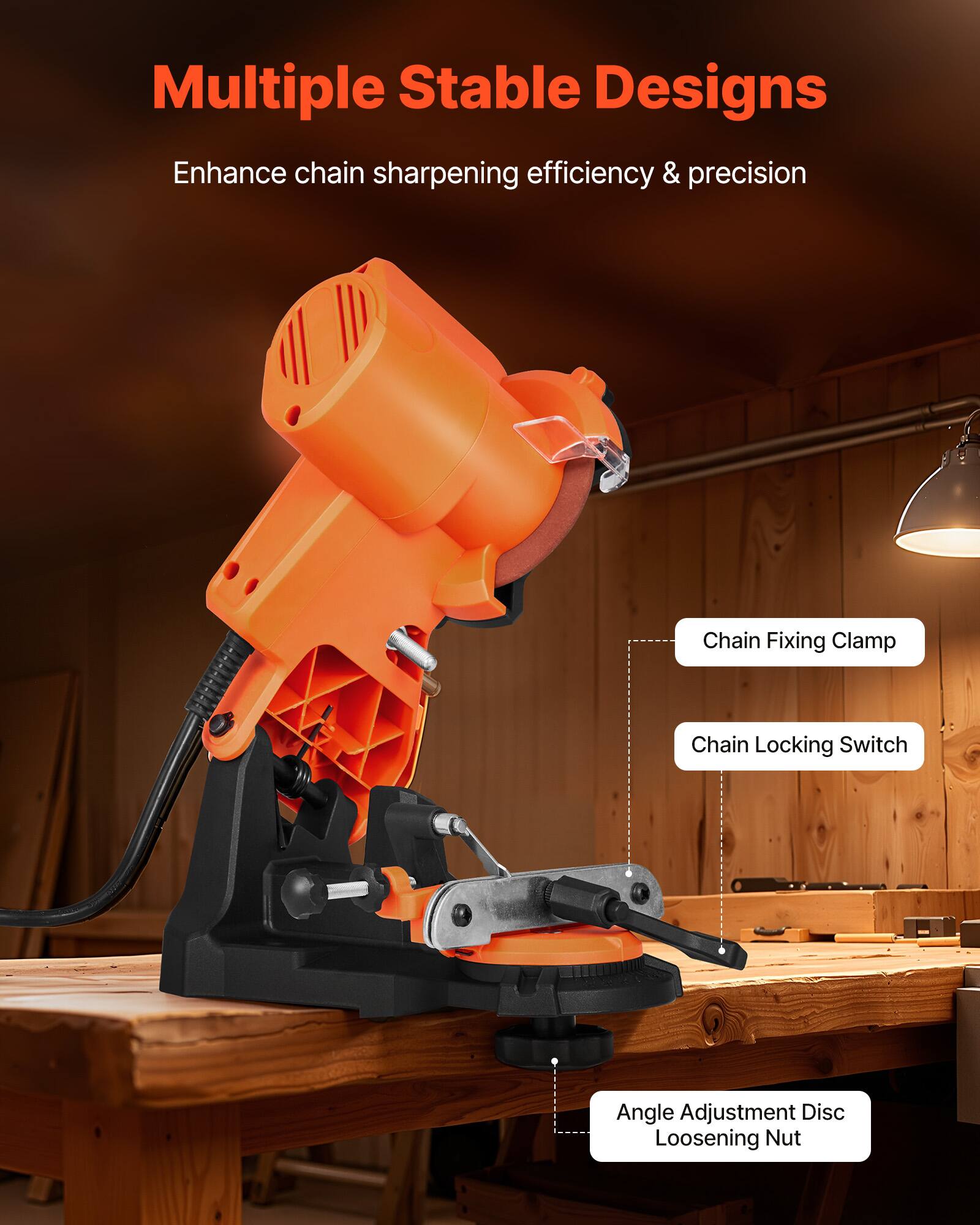 Multiple Stable Designs  
Enhance chain sharpening efficiency & precision  

- Chain Fixing Clamp  
- Chain Locking Switch  
- Angle Adjustment Disc  
- Loosening Nut