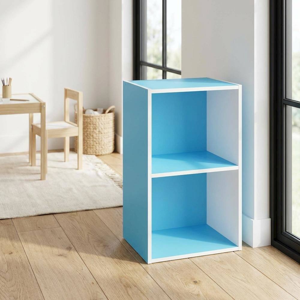 Left. FurniFact - Wood Bookcase with Open Shelves and Modern Design for Living Room Storage - Light Blue/White.