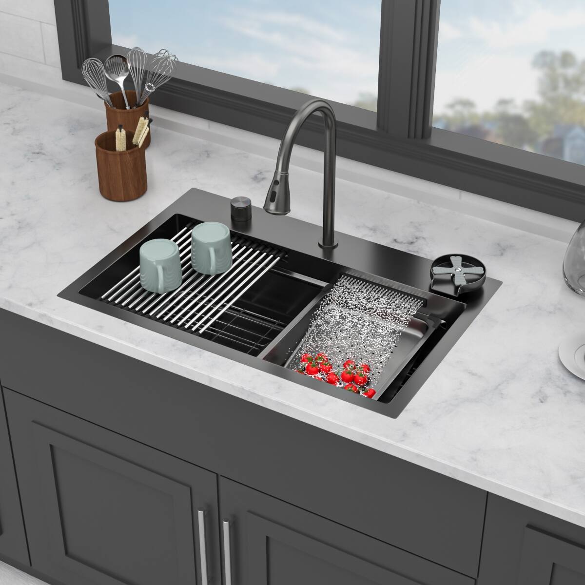 Angle. Ropilly - Ropilly 31.5 Inch Drop In Waterfall Kitchen Sink Gunmetal Black Single Bowl Workstation with Pull Down Faucet - Gunmetal Black.