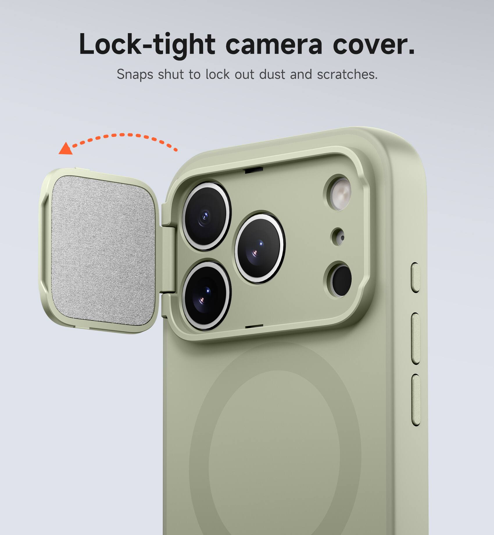 Lock-tight camera cover. Snaps shut to lock out dust and scratches.
