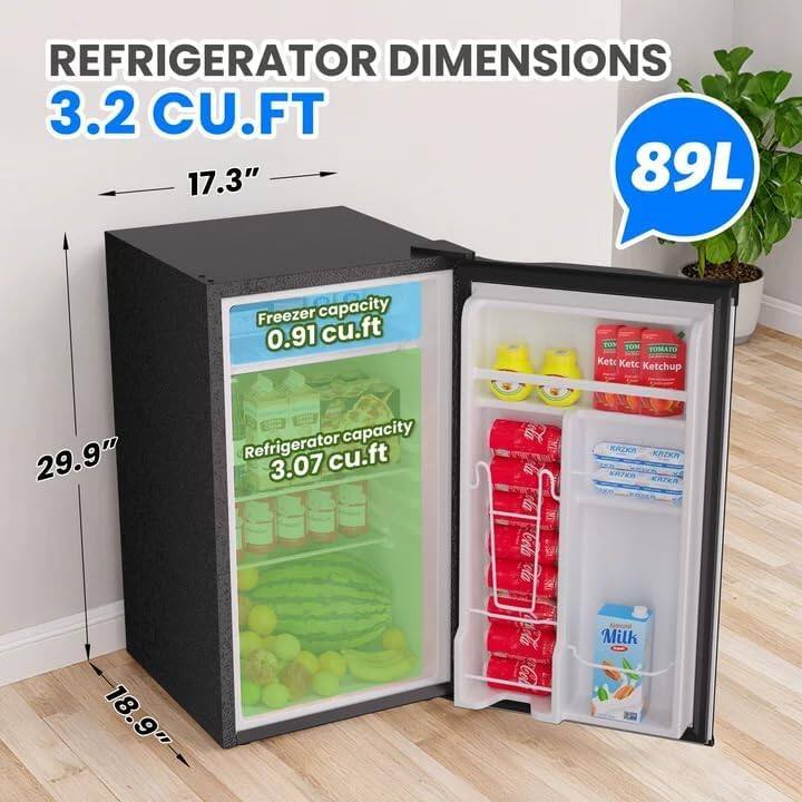 REFRIGERATOR DIMENSIONS  
3.2 CU.FT  
17.3" x 89L  
Freezer capacity 0.91 cu.ft  
Refrigerator capacity 3.07 cu.ft  
29.9" x 18.9"