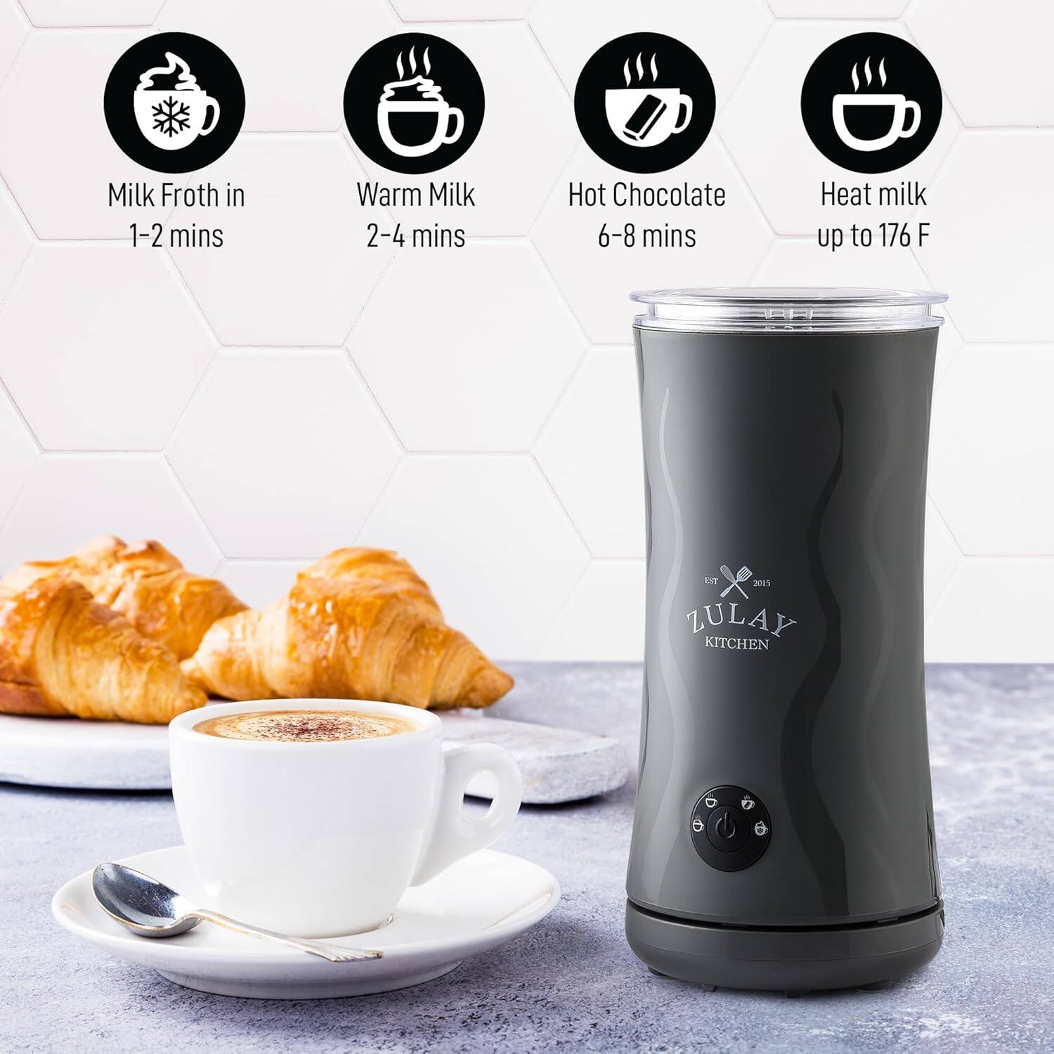 - Milk Froth in 1-2 mins
- Warm Milk 2-4 mins
- Hot Chocolate 6-8 mins
- Heat milk up to 176 F

ZULAY KITCHEN EST 2015
