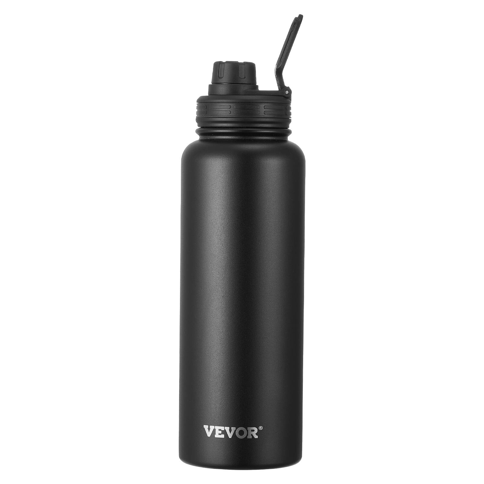 Front. VEVOR - 40 oz Insulated Water Bottle, Stainless Steel Camping & Hiking Hydration Flask with Wide Mouth Lid, Sports Coffee Cup - Black Body, Black Lid.