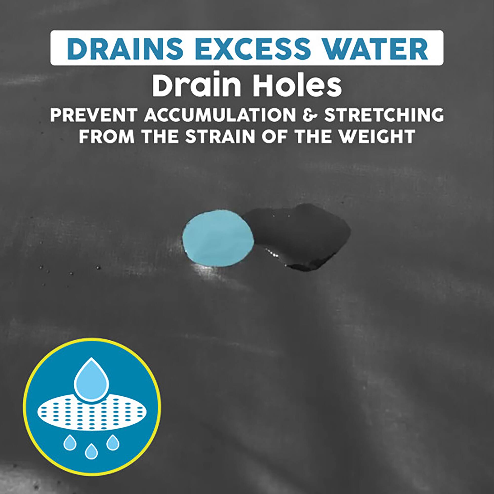 DRAINS EXCESS WATER  
Drain Holes  
PREVENT ACCUMULATION & STRETCHING FROM THE STRAIN OF THE WEIGHT