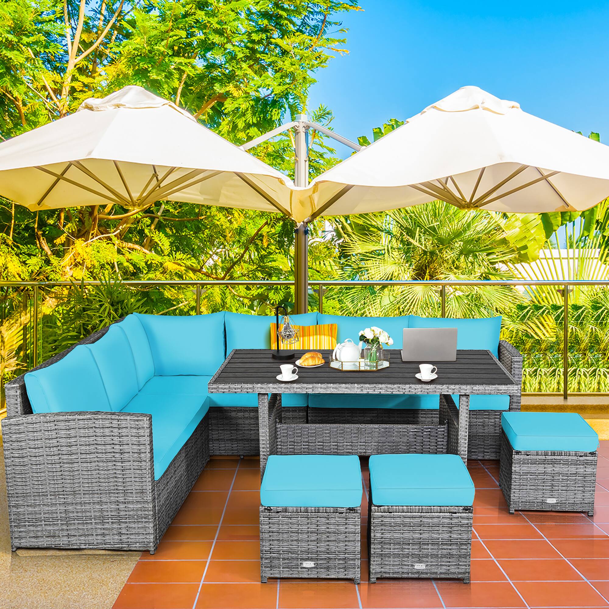 Alt View 4. Costway - 7 PCS Patio Rattan Dining Set Sectional Sofa Couch Ottoman Garden - Turquoise.