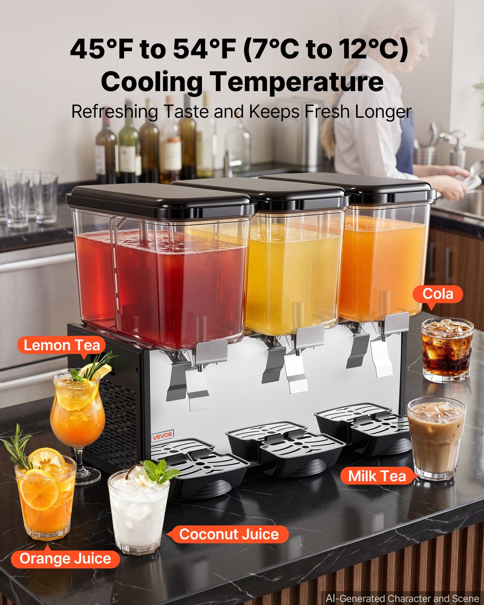 45°F to 54°F (7°C to 12°C) Cooling Temperature  
Refreshing Taste and Keeps Fresh Longer  

Cola  
Lemon Tea  
Milk Tea  
Orange Juice  
Coconut Juice  

VEVOR  

AI-Generated Character and Scene
