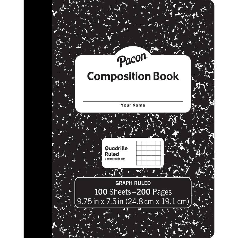 Pacon Composition Book  
Your Name  
Quadrille Ruled  
5 squares per inch  
GRAPH RULED  
100 Sheets - 200 Pages  
9.75 in x 7.5 in (24.8 cm x 19.1 cm)