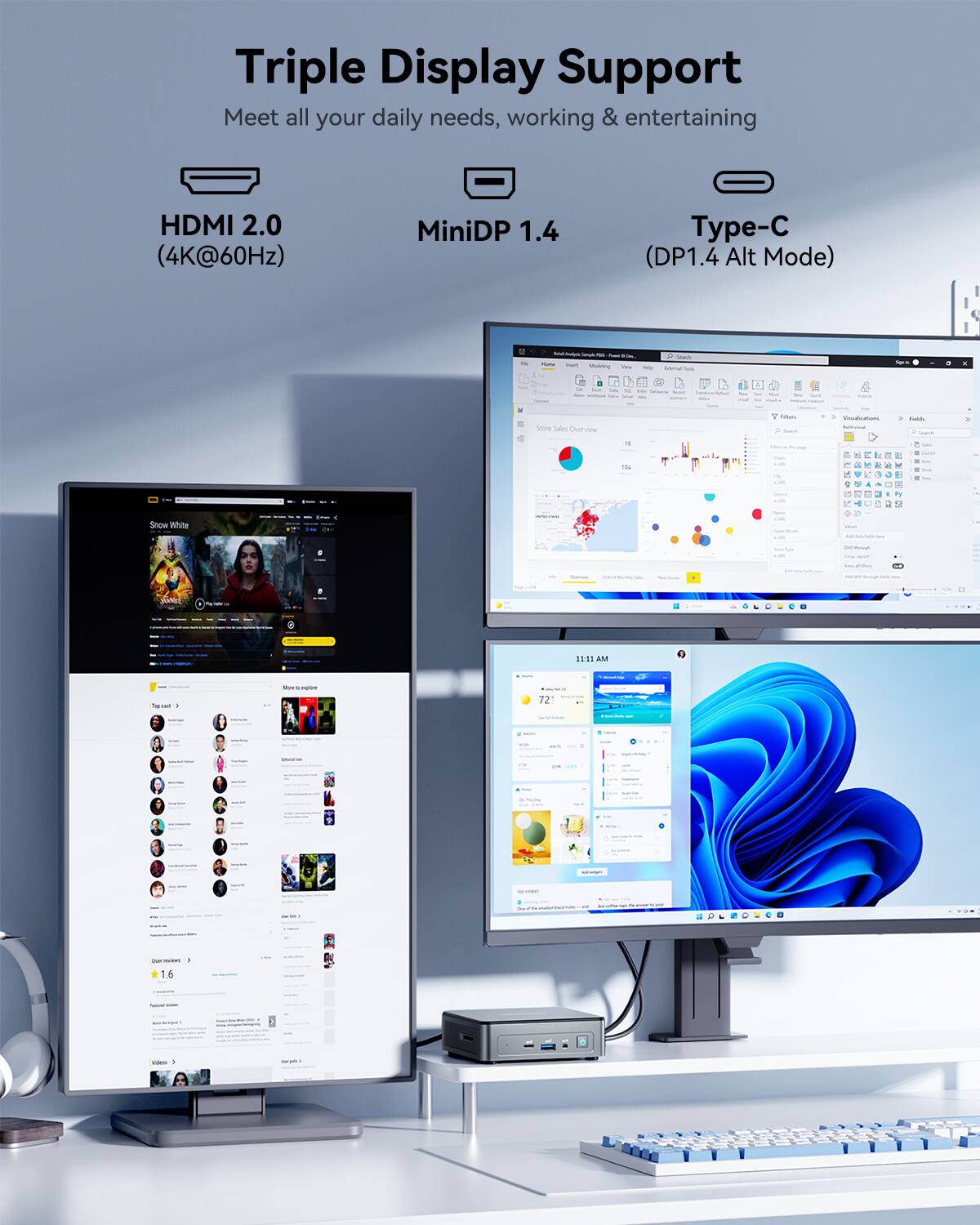 Triple Display Support  
Meet all your daily needs, working & entertaining  

HDMI 2.0 (4K@60Hz)  
MiniDP 1.4  
Type-C (DP1.4 Alt Mode)