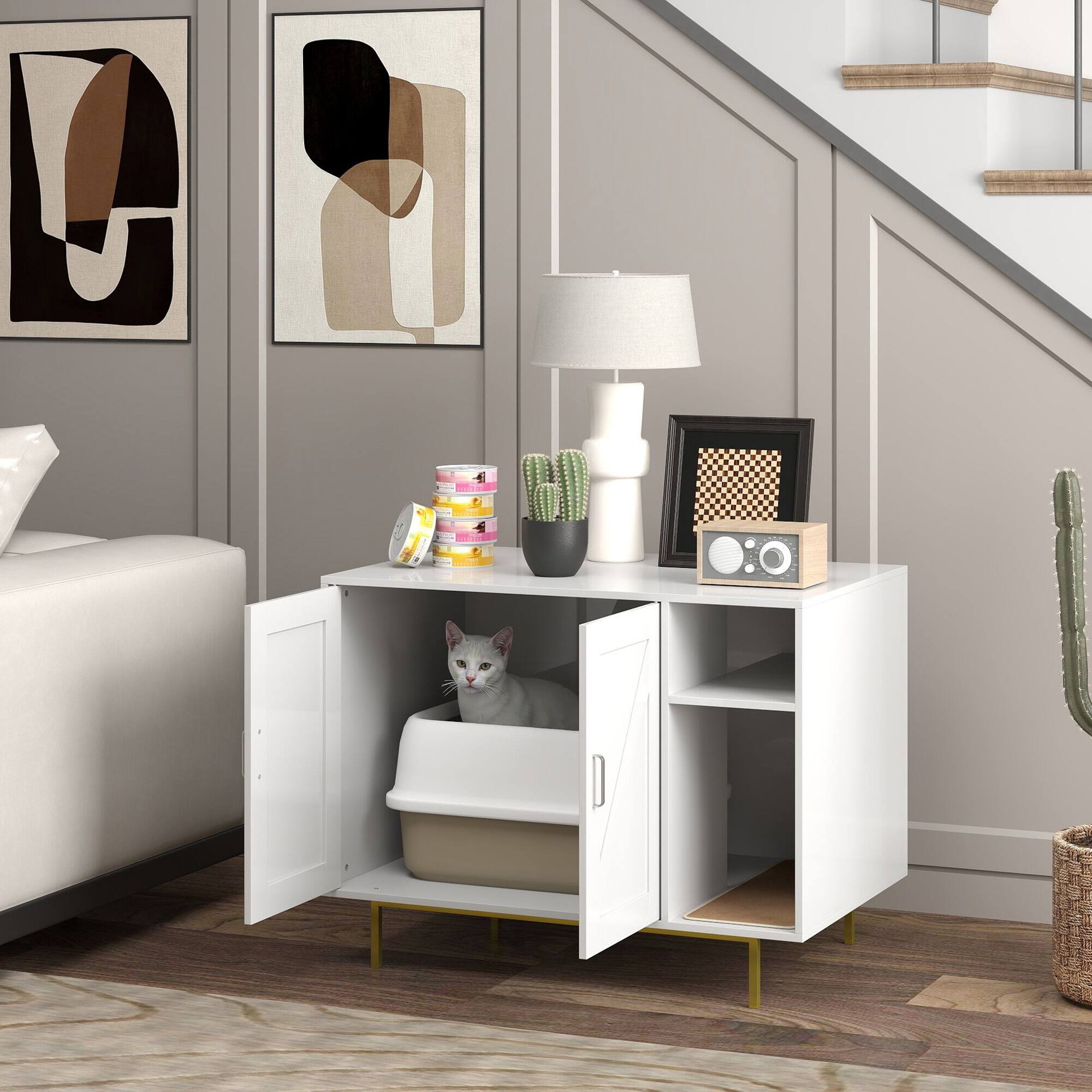 Angle. Pawhut - Cat Litter Box Enclosure, Furniture with Scratching Pad, Storage, Hidden, End Side Table, 31.5"x20"x24" - White.