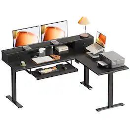 AODK - 59" Reversible L-Shaped Electric Height-Adjustable Standing Desk with Power Outlets, Keyboard Tray and Monitor Stand - Black
