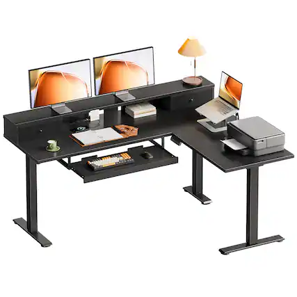 Front. AODK - 59" Reversible L-Shaped Electric Height-Adjustable Standing Desk with Power Outlets, Keyboard Tray and Monitor Stand - Black.