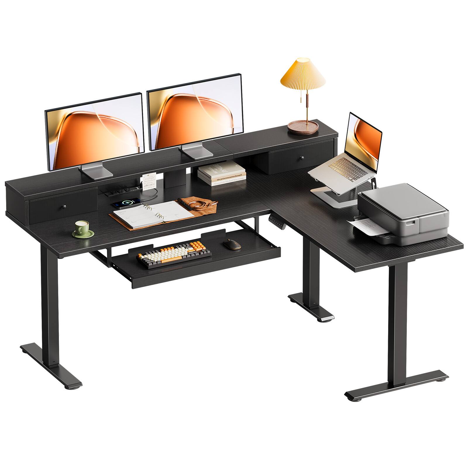 Front. AODK - 59" Reversible L-Shaped Electric Height-Adjustable Standing Desk with Power Outlets, Keyboard Tray and Monitor Stand - Black.