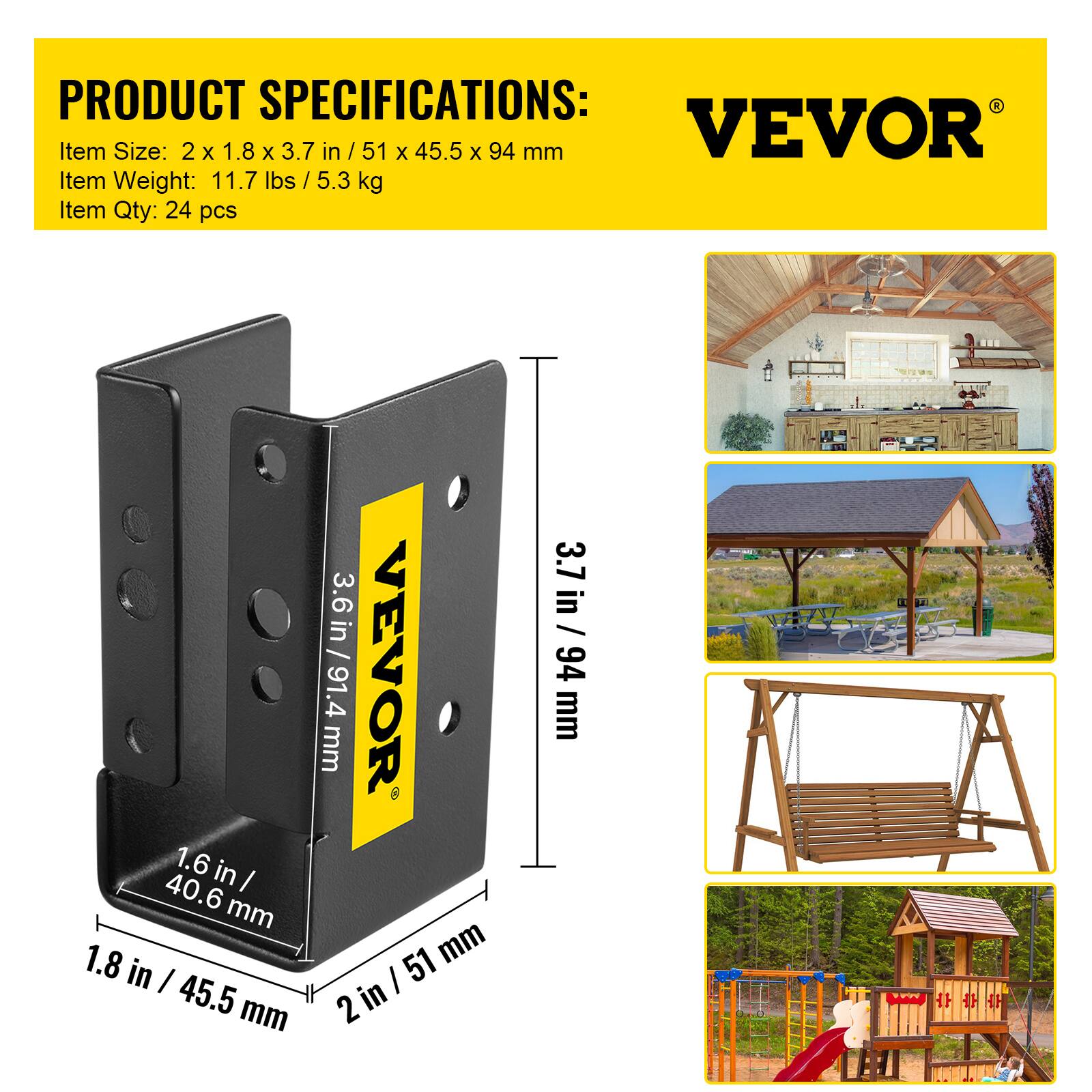 PRODUCT SPECIFICATIONS:  
Item Size: 2 x 1.8 x 3.7 in / 51 x 45.5 x 94 mm  
Item Weight: 11.7 lbs / 5.3 kg  
Item Qty: 24 pcs  

1.6 in / 40.6 mm  
1.8 in / 45.5 mm  
2 in / 51 mm  
3.6 in / 91.4 mm  
3.7 in / 94 mm  

VEVOR