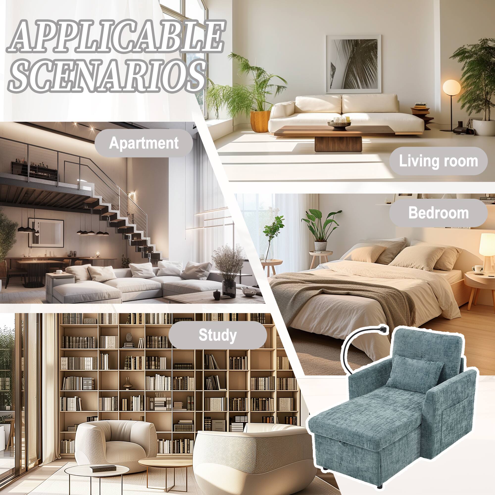 APPLICABLE SCENARIOS

- Apartment
- Living room
- Bedroom
- Study