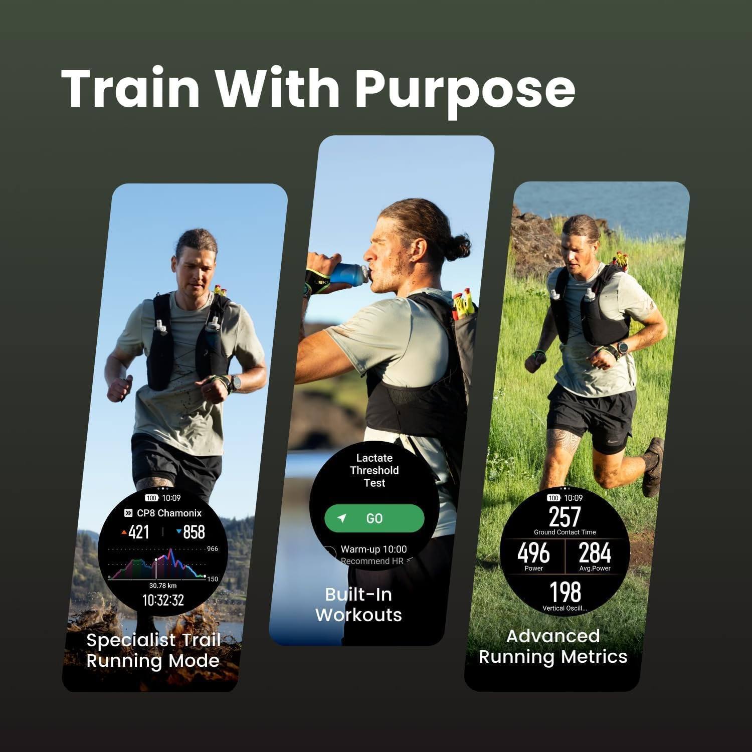 Train With Purpose  
CP8 Chamonix  
10:09 Threshold Lactate Test  
10:09 GO  
257 421 858 Ground Contact Time 966  
Warm-up 10:00  
Recommend HR 496 284  
Power Avg. Power 150  
30.78 km 10:32:32  
Built-In 198 Vertical Oscill...  
Workouts Specialist Trail Advanced Running Mode Running Metrics