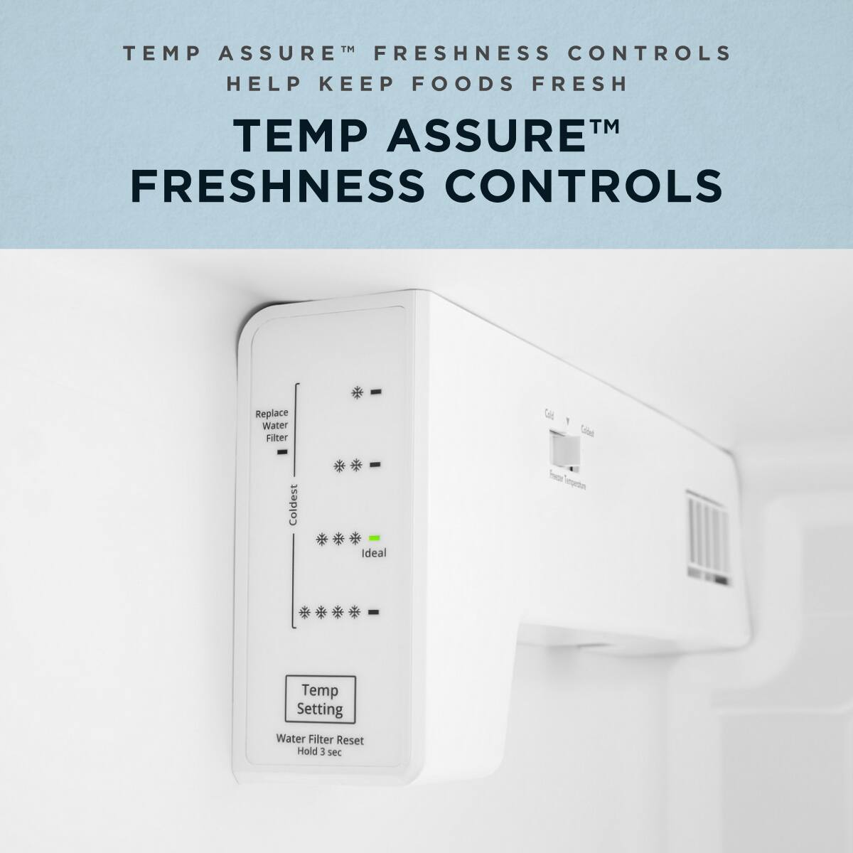 TEMP ASSURE™ FRESHNESS CONTROLS HELP KEEP FOODS FRESH

TEMP ASSURE™ FRESHNESS CONTROLS

Replace Water Filter

Coldest Ideal

Temp Setting
Water Filter Reset
Hold 3 sec