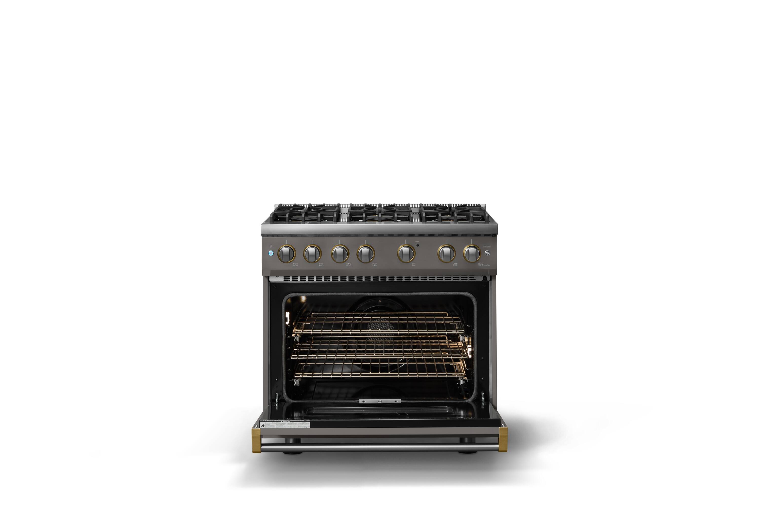 Alt View 2. Viking - Pro 5 Series 5.1 Cu. Ft. Freestanding Sealed 6 Burner Gas Convection Range - Damascus Gray w. Brushed Brass Trim - Damascus Gray.