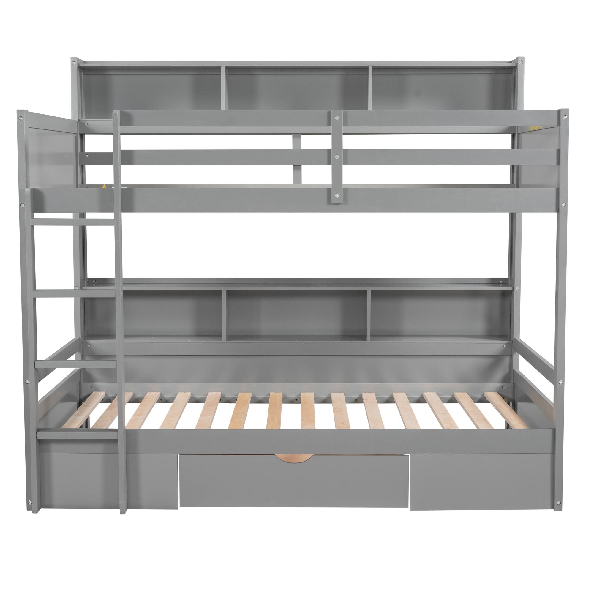 Back. Whisen - Twin Size Bunk Bed with Built-in Shelves Beside both Upper and Down Bed and Storage Drawer, Space-Saving - Gray.