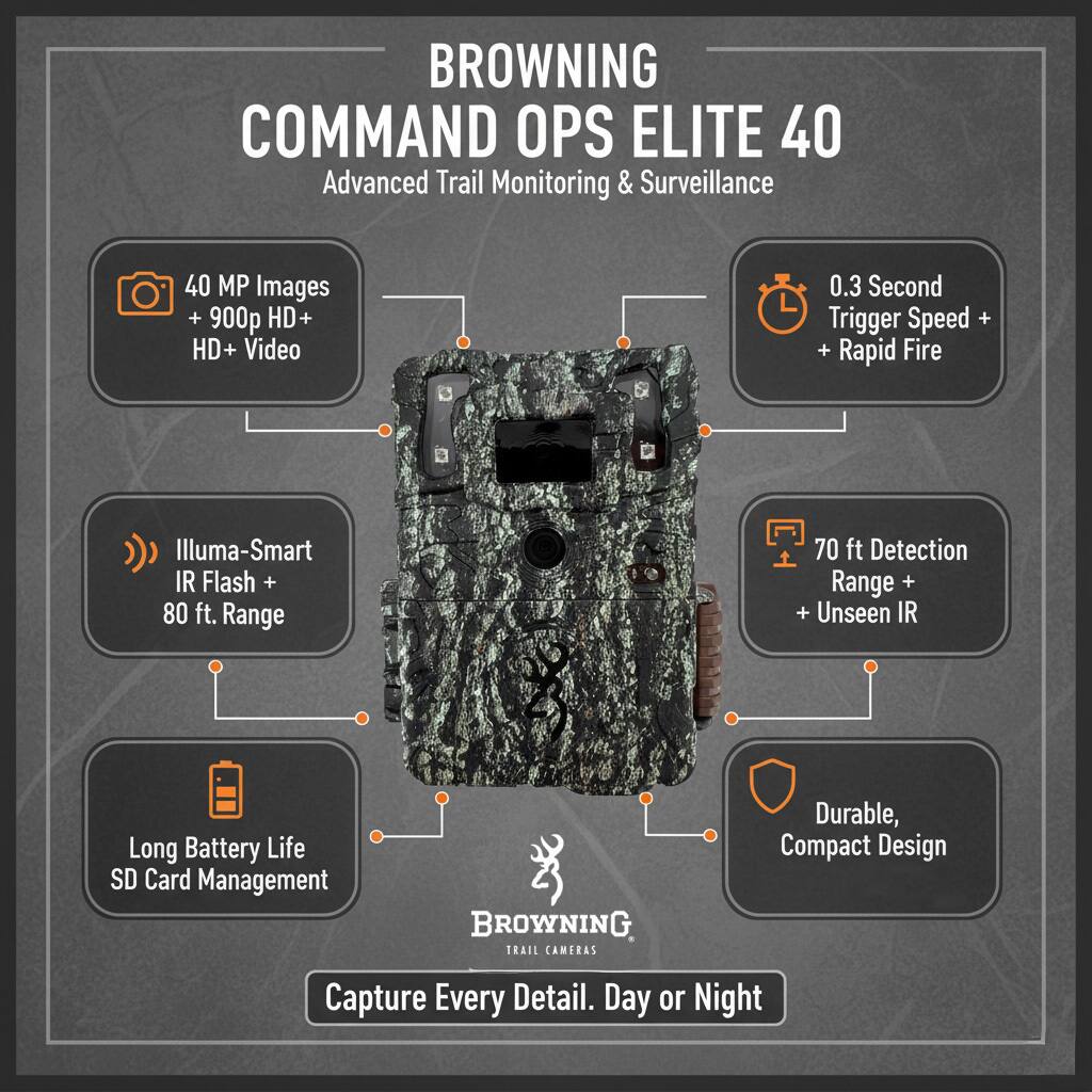 BROWNING COMMAND OPS ELITE 40  
Advanced Trail Monitoring & Surveillance

- 40 MP Images + 900p HD+ Video
- 0.3 Second Trigger Speed + Rapid Fire
- Illuma-Smart IR Flash + 80 ft. Range
- 70 ft. Detection Range + Unseen IR
- Long Battery Life SD Card Management
- Durable, Compact Design

Capture Every Detail. Day or Night