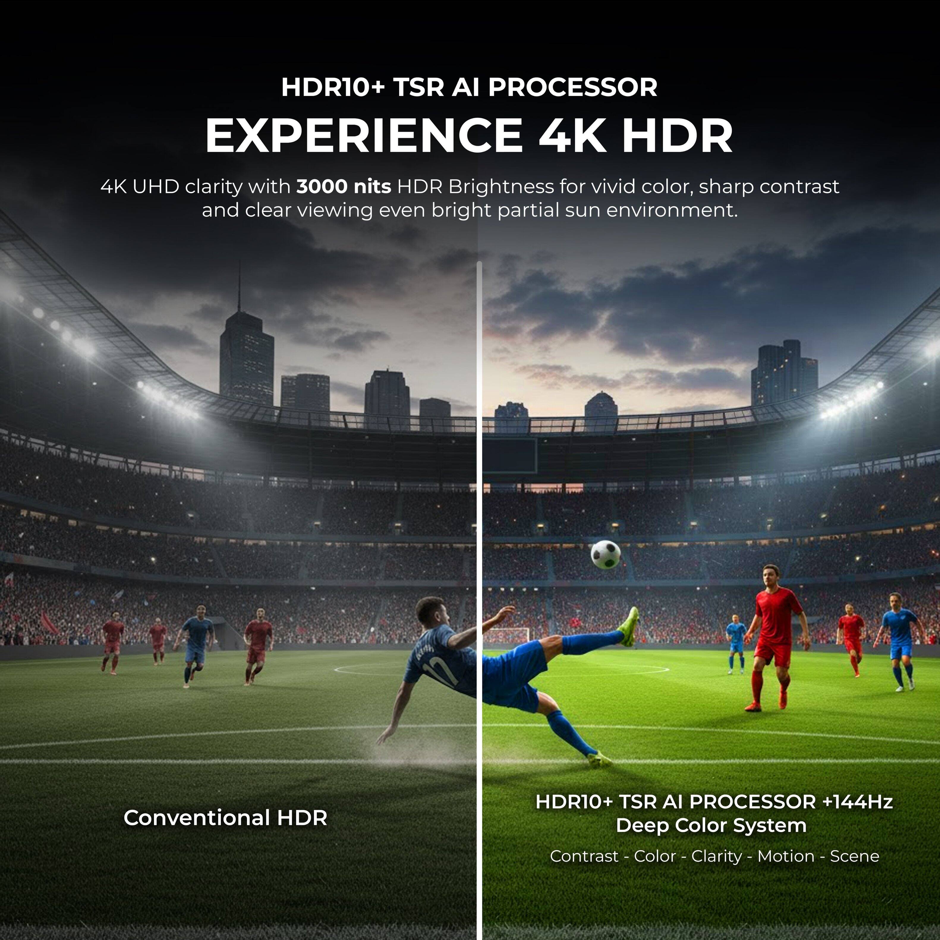 HDR10+ TSR AI PROCESSOR  
EXPERIENCE 4K HDR  

4K UHD clarity with 3000 nits HDR Brightness for vivid color, sharp contrast and clear viewing even bright partial sun environment.  

Conventional HDR  

HDR10+ TSR AI PROCESSOR +144Hz  
Deep Color System  
Contrast - Color - Clarity - Motion - Scene