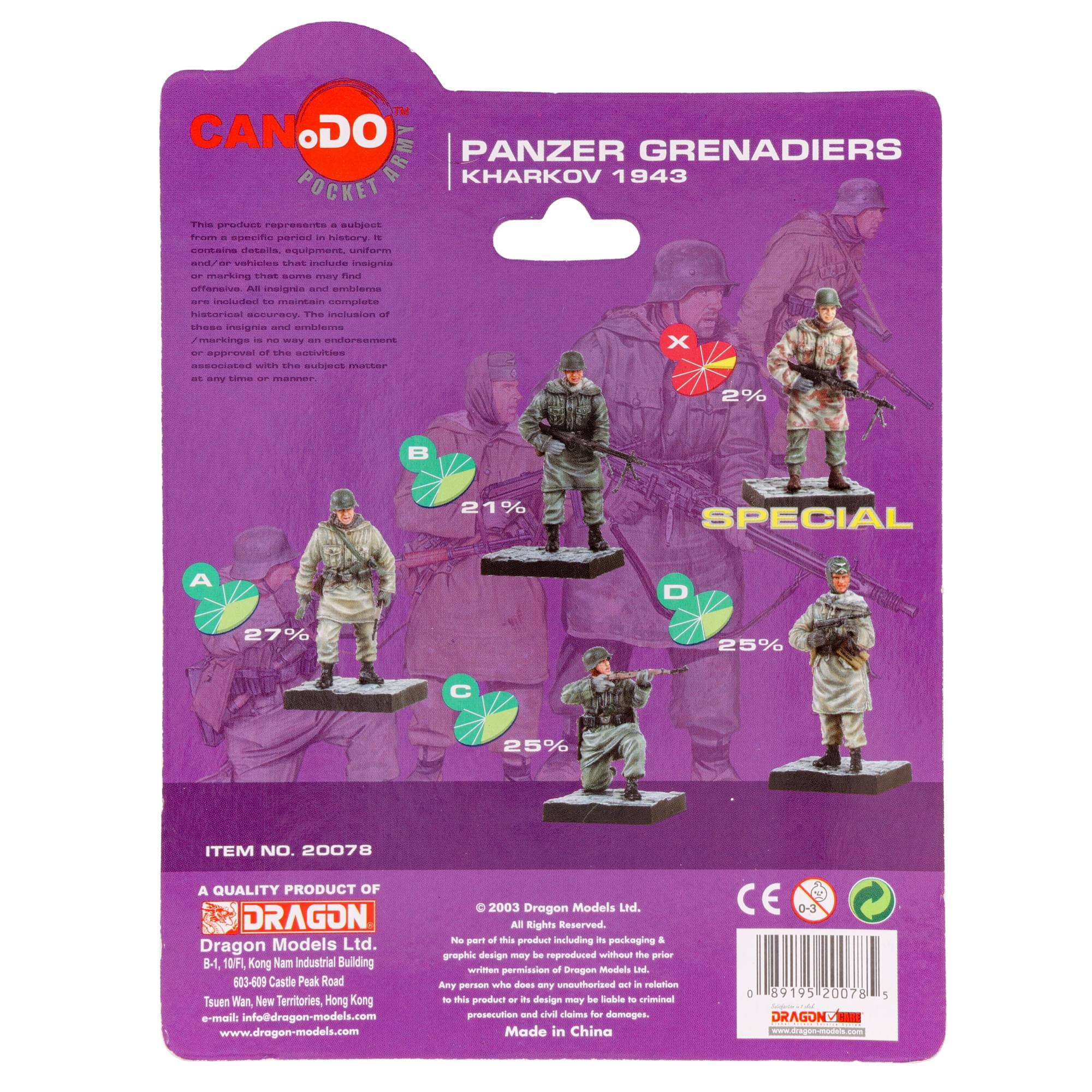 **CAN DO**  
POCKET ARMY

**PANZER GRENAADIERS**  
KHARKOV 1943

This product represents a subject, which may be controversial. It contains details, equipment, uniform and/or vehicles that include insignia or markings that some may find offensive. These insignia and emblems are included to maintain complete historical accuracy. The inclusion of these insignia and emblems does not imply approval of the activities or approval of the subjects associated with the subject matter at any time or manner.

**SPECIAL**

A  
27%  
B  
21%  
C  
25%  
D  
25%  
E  
2%

**ITEM NO. 20078**

A QUALITY PRODUCT OF  
DRAGON  
Dragon Models Ltd.  
B1, 10/F, Kong Nam Industrial Building  
683-609 Castle Peak Road  
Tsuen Wan, New Territories, Hong Kong  
e-mail: info@dragon-models.com  
www.dragon-models.com

© 2003 Dragon Models Ltd.  
All Rights Reserved.  
No part of this product including its packaging & graphic design may be reproduced without the prior written permission of Dragon Models Ltd