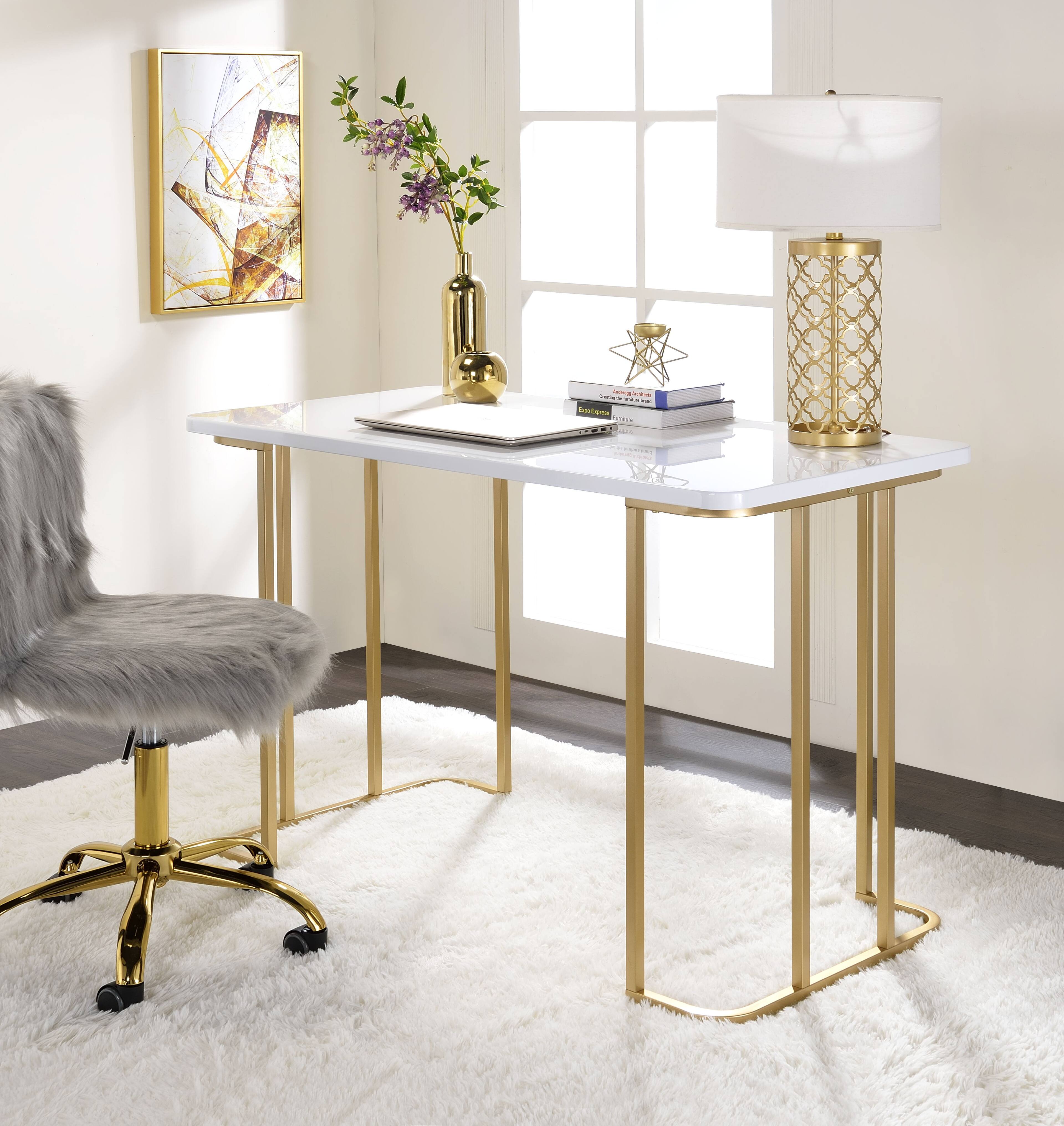 Front. TinyHomie - Estie White and Gold Finish Writing Desk - Gold and White.