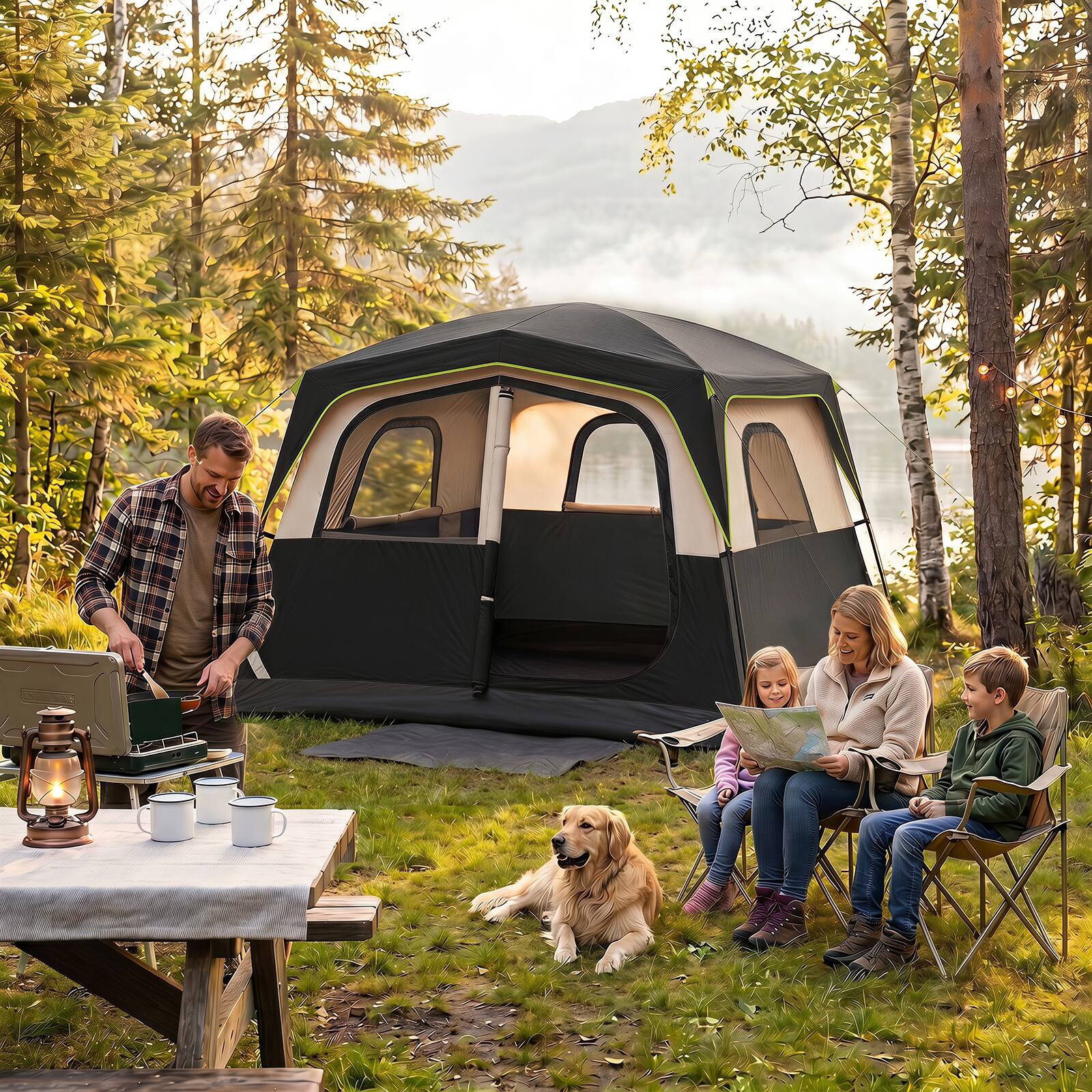 Alt View 1. Gymax - Gymax 6-Person Camping Tent w/ Top Rainfly Mesh Windows Large Door Ground Stakes Black - Black.