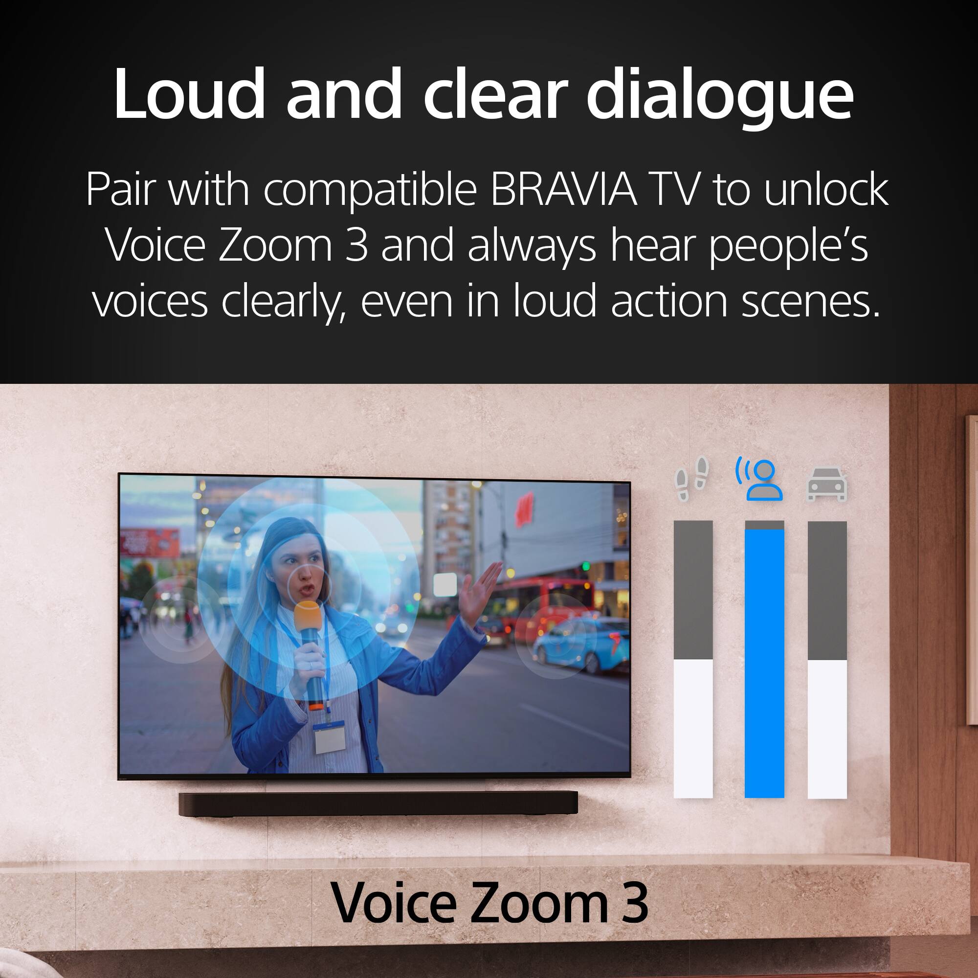 Loud and clear dialogue

Pair with compatible BRAVIA TV to unlock Voice Zoom 3 and always hear people's voices clearly, even in loud action scenes.

Voice Zoom 3