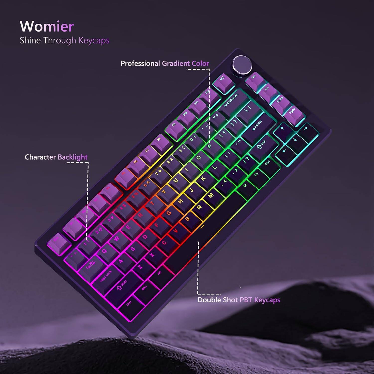 Womier Shine Through Keycaps  
Professional Gradient Color  
Character Backlight  
Double Shot PBT Keycaps