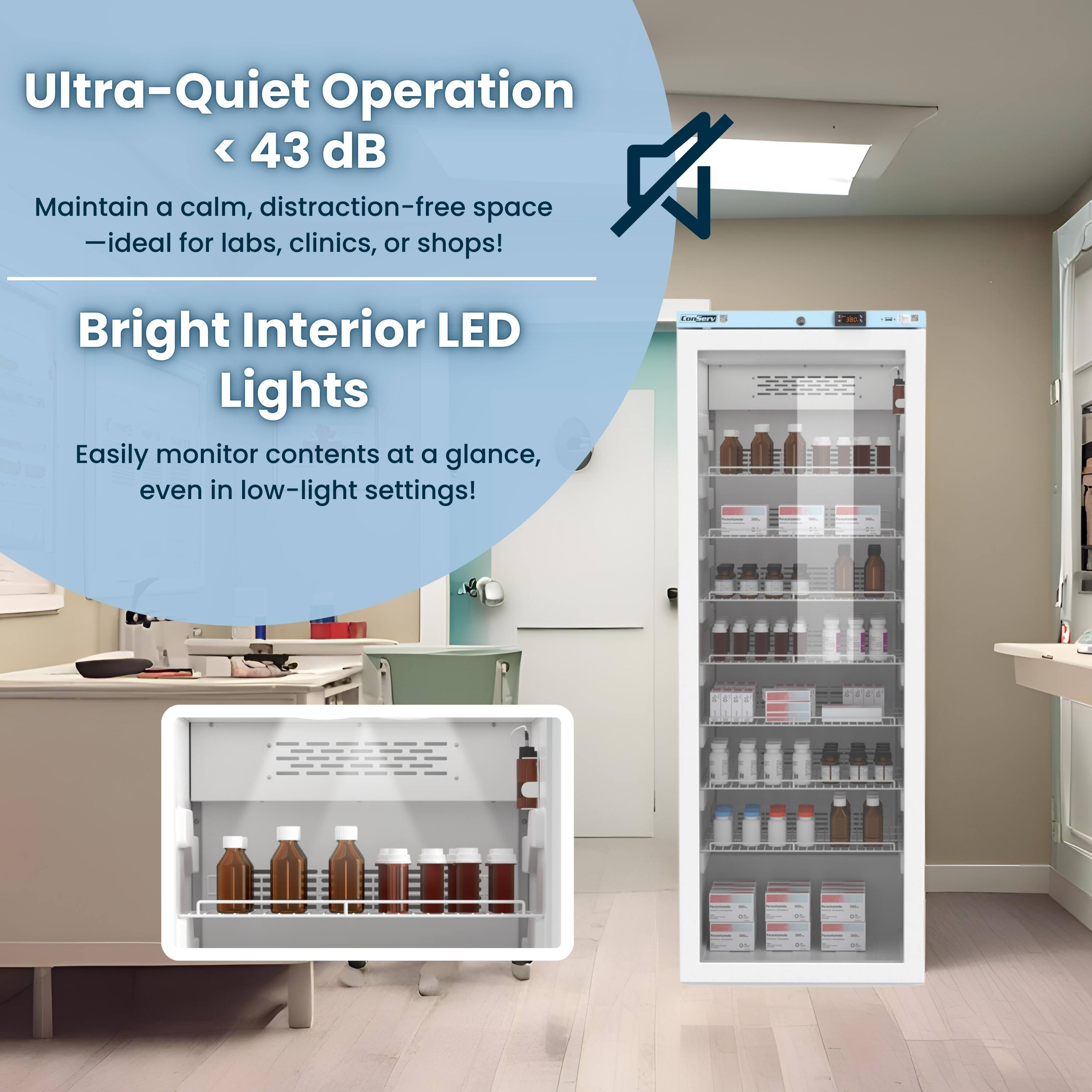 Ultra-Quiet Operation < 43 dB  
Maintain a calm, distraction-free space - ideal for labs, clinics, or shops!  

Bright Interior LED Lights  
Easily monitor contents at a glance, even in low-light settings!