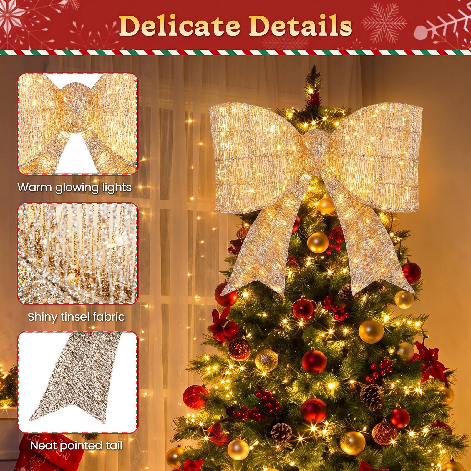 Delicate Details

Warm glowing lights

Shiny tinsel fabric

Neat pointed tail